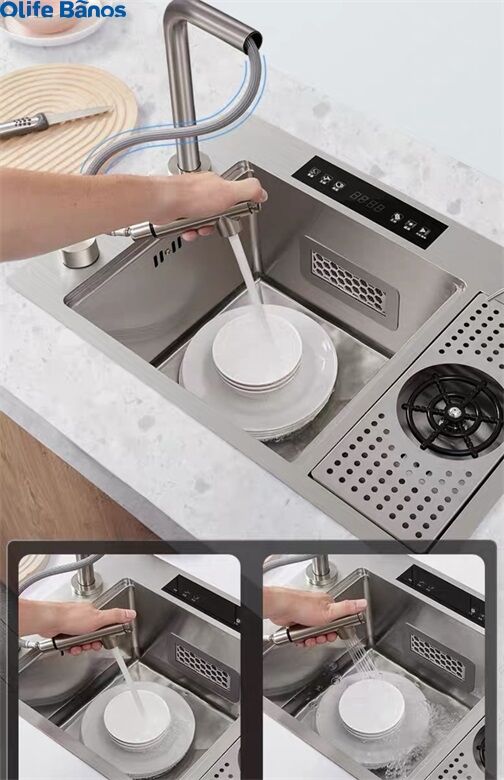 ultrasonic dual catalyst purification sink single bowl handmade 304 stainless steel hidden kitchen sink with glass rinser factory