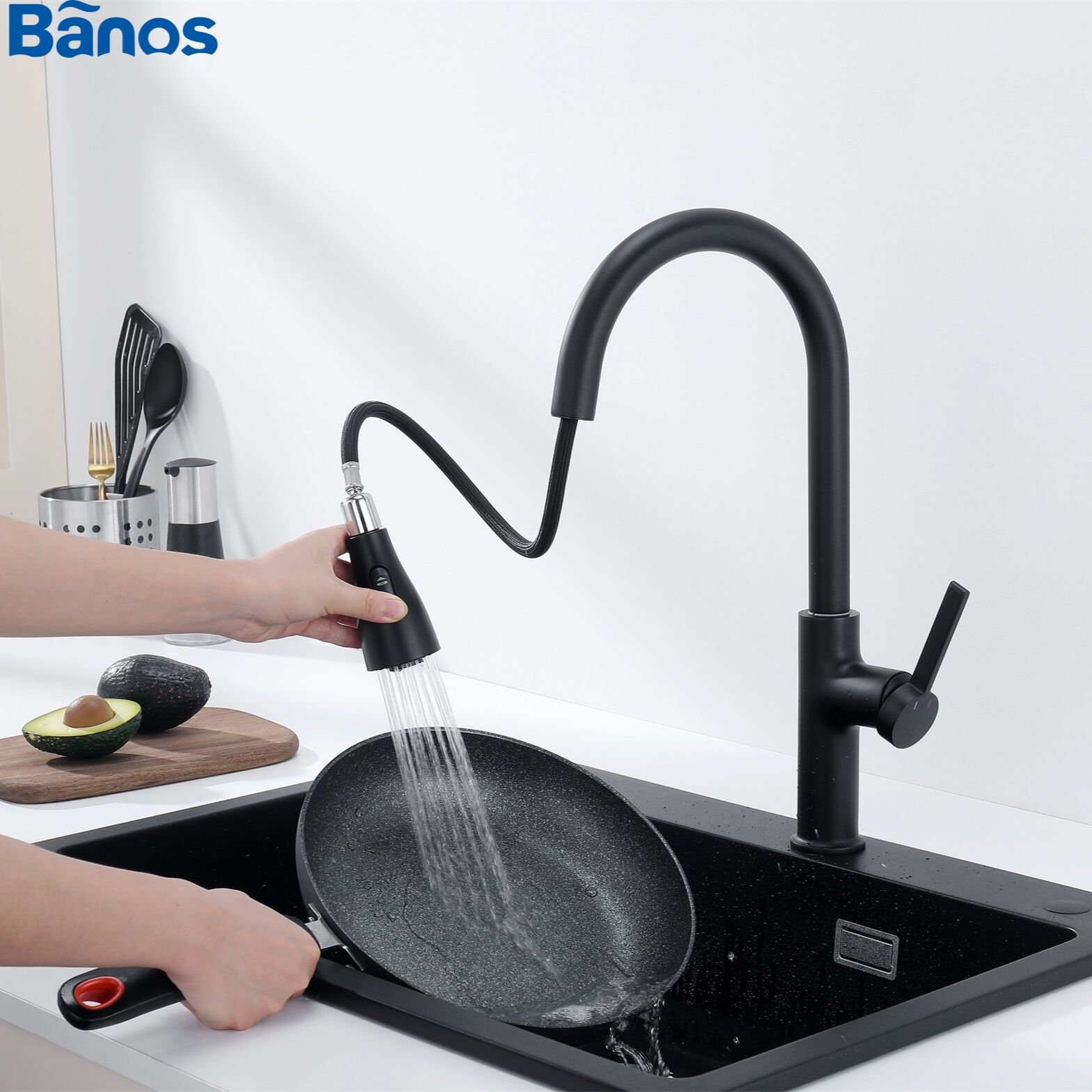 2023  Commercial Faucets Hot And Cold Single Handle Water Mixer Tap Brass Black Modern Pull Down Kitchen Faucets For Kitchen