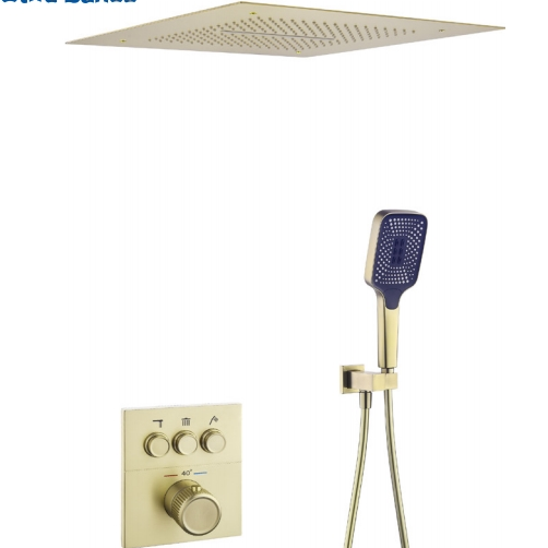 Gold Bathroom Exposed Thermostatic Bathroom Rain Shower 3 Functions Brass  Rainfall Shower Set