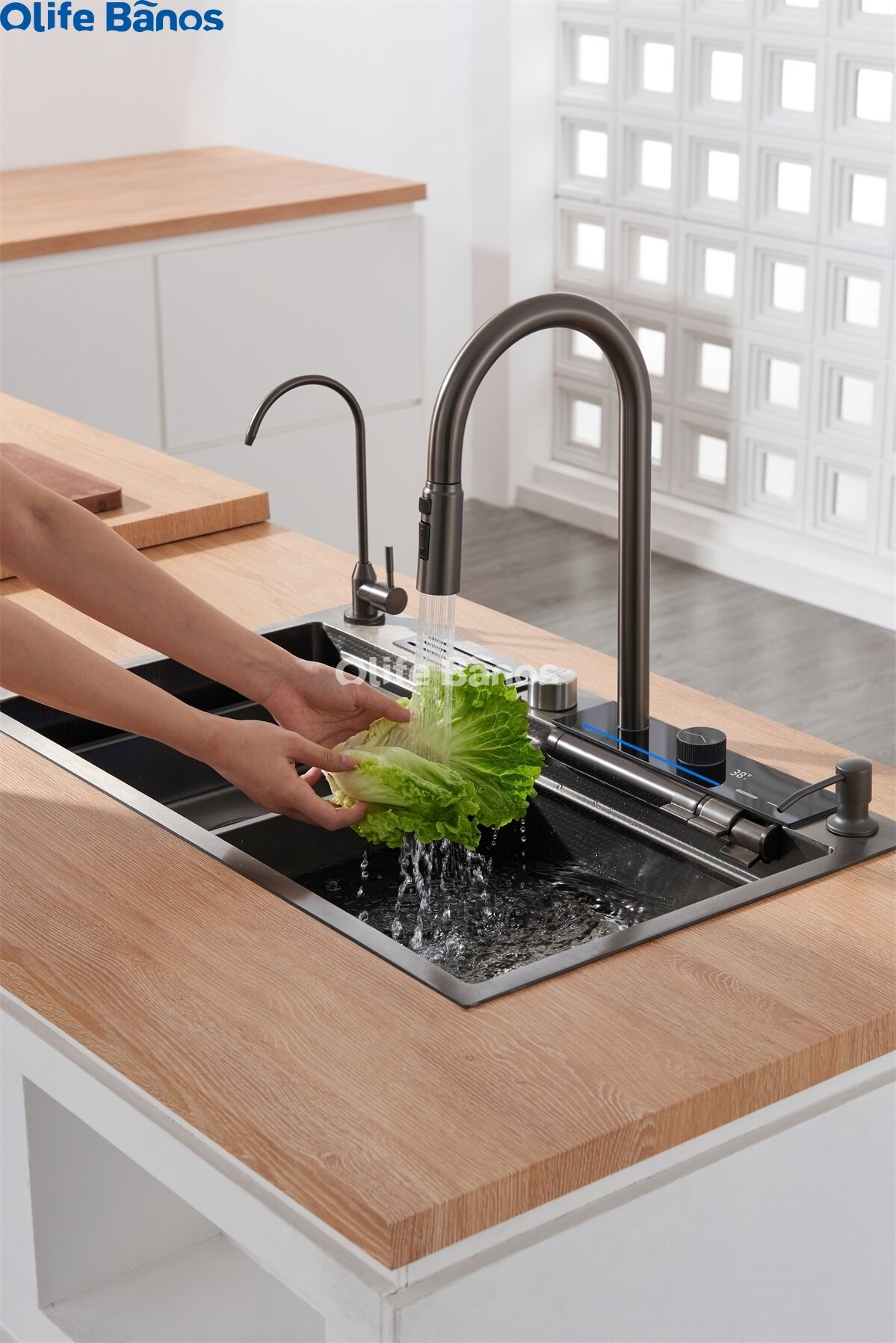 Olife Banos Tiktok Trend SUS 304 Led Digital Display Waterfall Faucet Bionic Honeycomb  Kitchen Sink With Cup Washer supplier