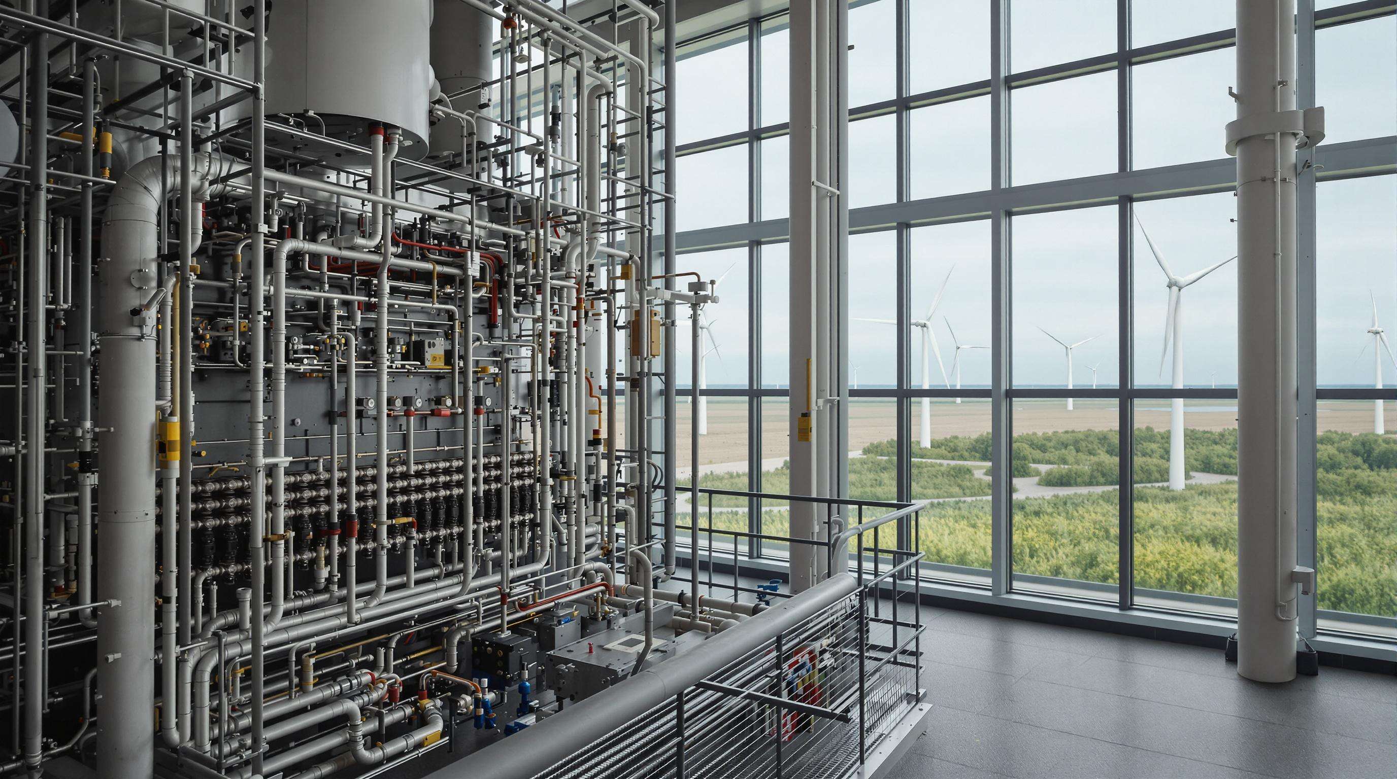 Electric cracking furnace setup in a factory, with wind turbines visible outside to represent renewable energy integration