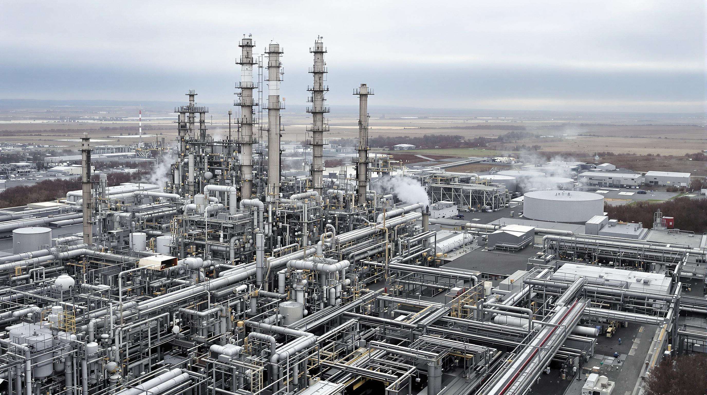An oil refinery with large cracking units and extensive carbon capture infrastructure