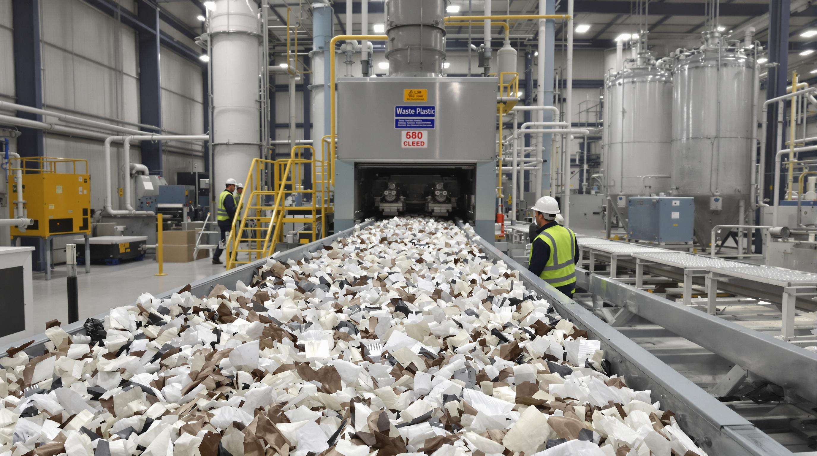 Factory scene showing workers supervising the process of converting shredded plastic into oil, with industrial equipment and muted color tones.