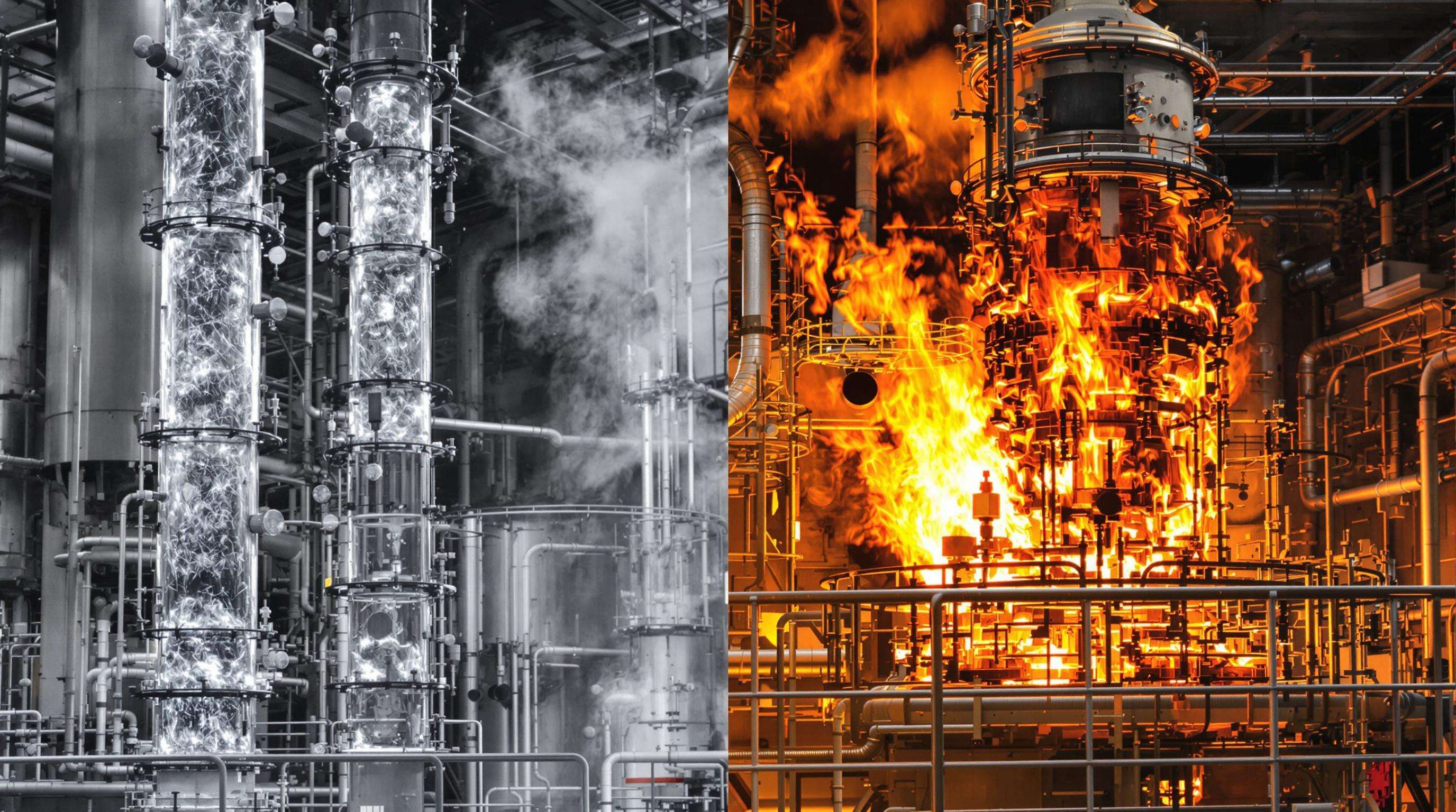 Side-by-side view of crude oil distillation and pyrolysis reactors in an industrial refinery setting