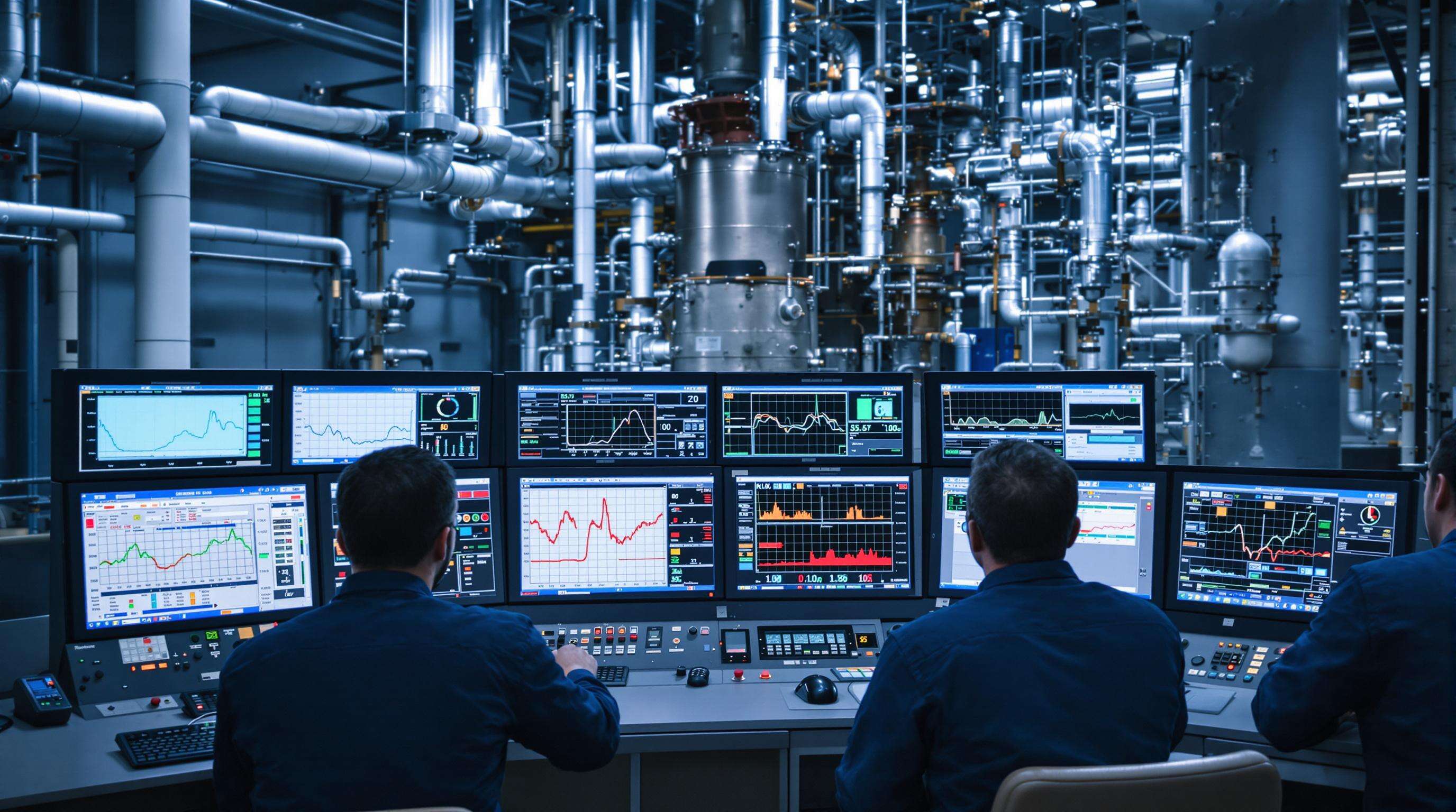 Engineers optimizing cracking furnace parameters in a refinery control room