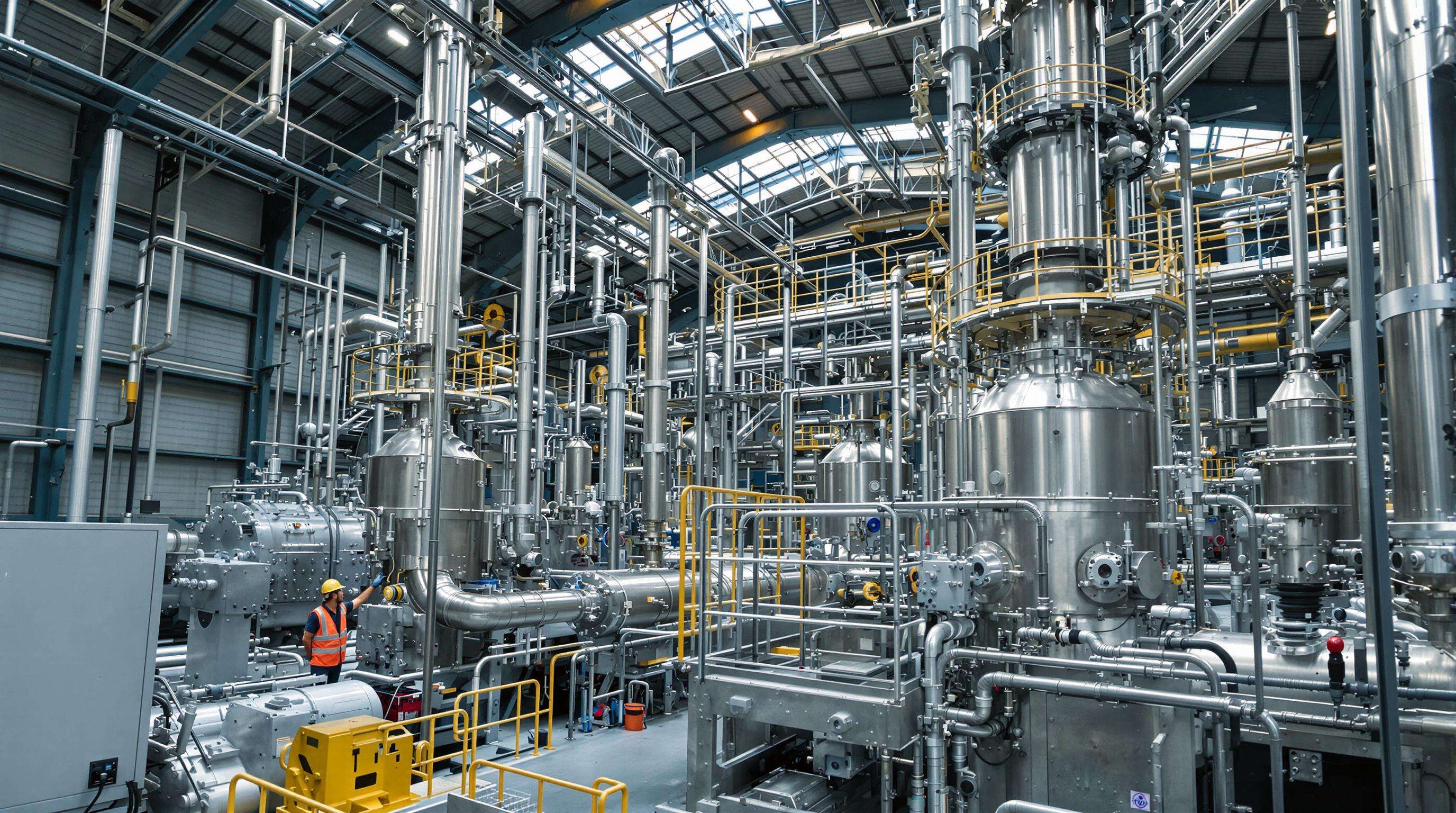 A refinery interior featuring advanced cracking units and an engineer inspecting catalyst equipment