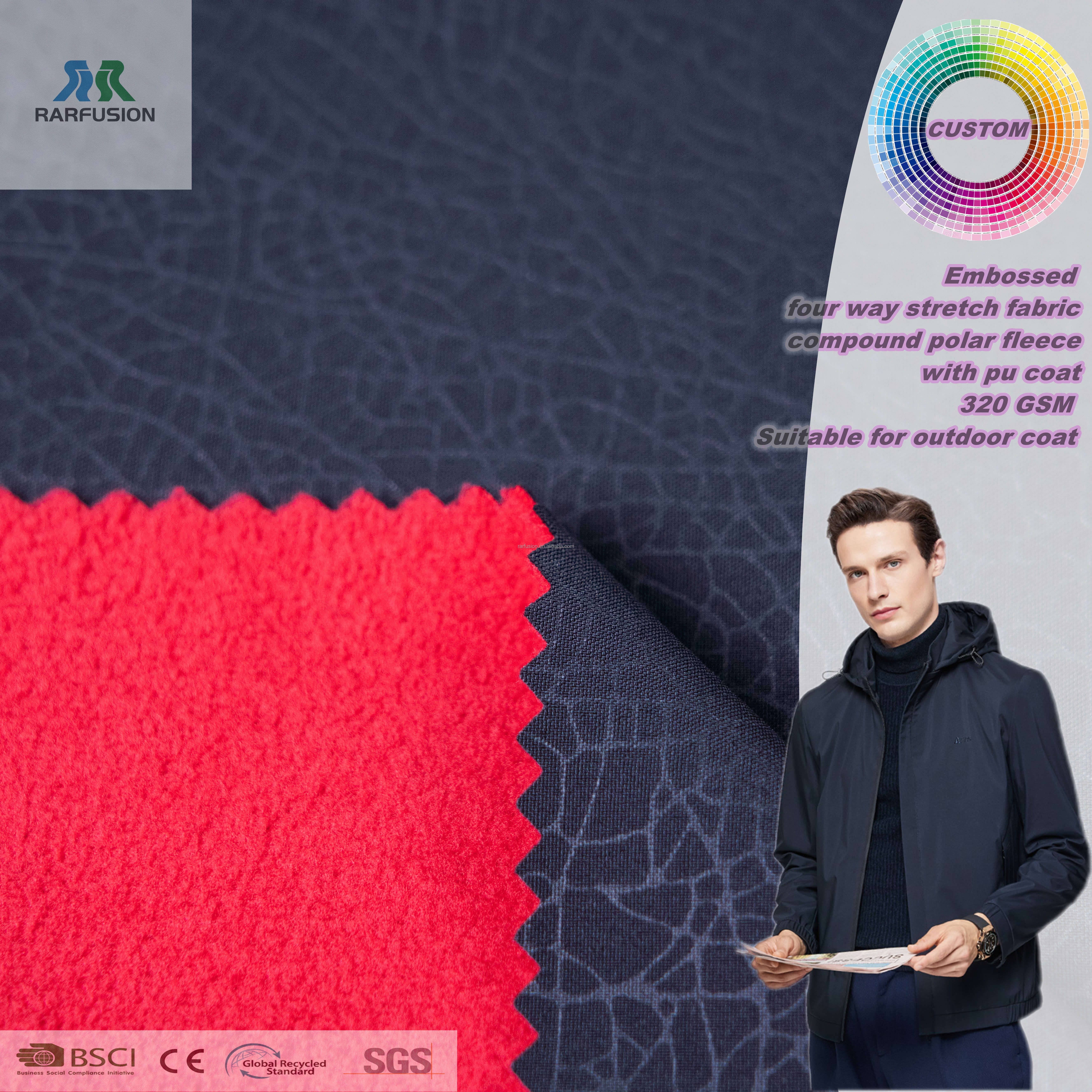 product factory wholesale light weight custom color 100 polyester super soft embossed 4 way stretch composite polar fleece for jacket-60