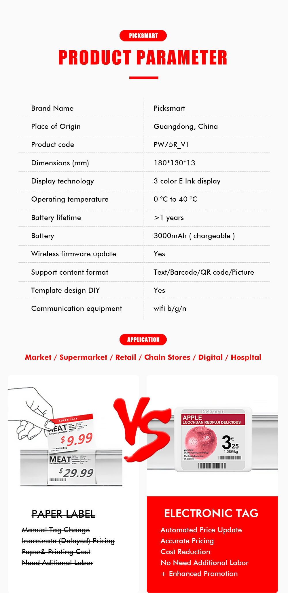 7.5 WIFI ESL Electronic Shelf Label Digital Price Tag Wireless E-ink Epaper Price Labeling for Supermarket manufacture