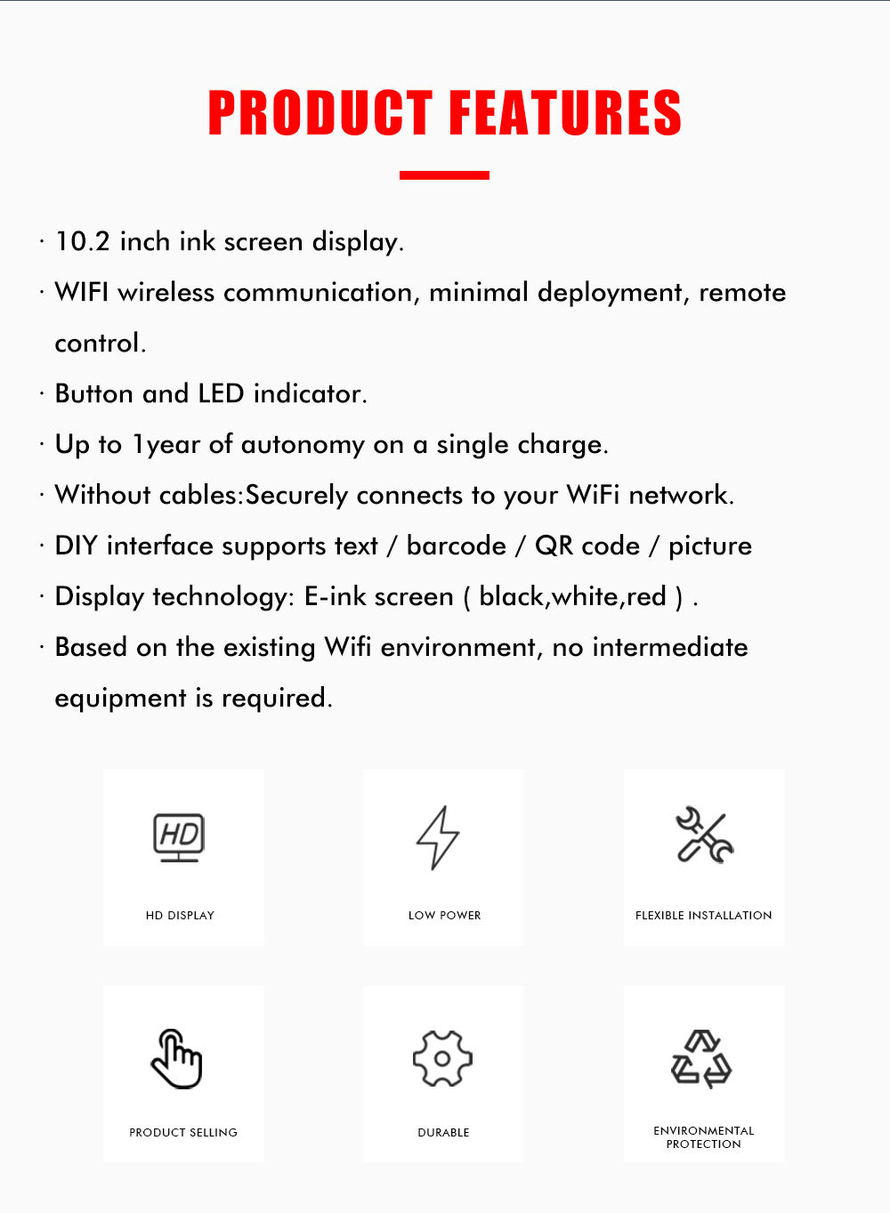 10.2 WIFI ESL Electronic Shelf Label Shop Digital Price Tag Wireless E-ink Epaper Display Office Signage manufacture