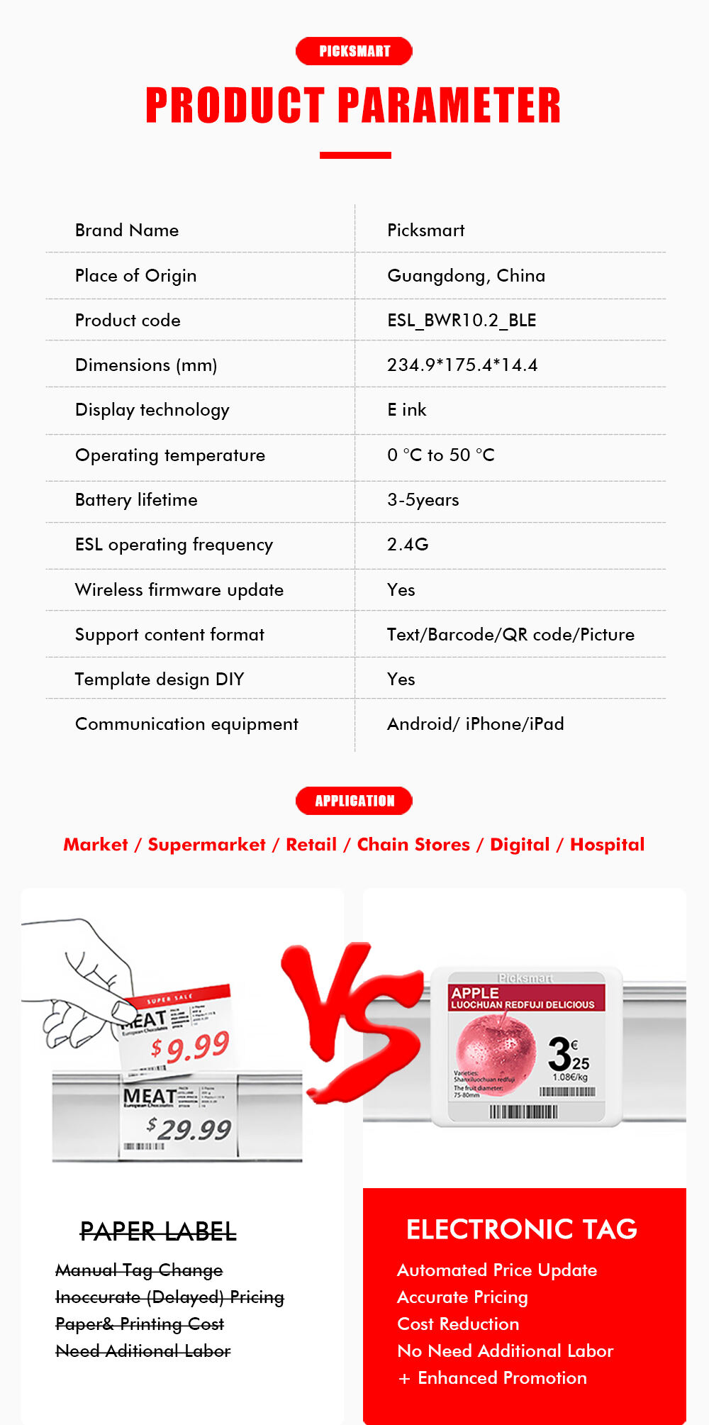 PICKSMART BLE Mobile APP Operated Digital Price Tag ESL10.2 E-ink  Display System Electronic Shelf Label details