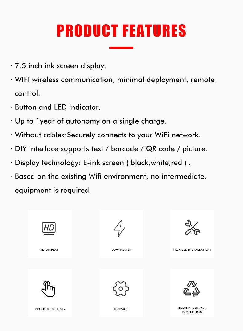 7.5 WIFI ESL Electronic Shelf Label Digital Price Tag Wireless E-ink Epaper Price Labeling for Supermarket factory