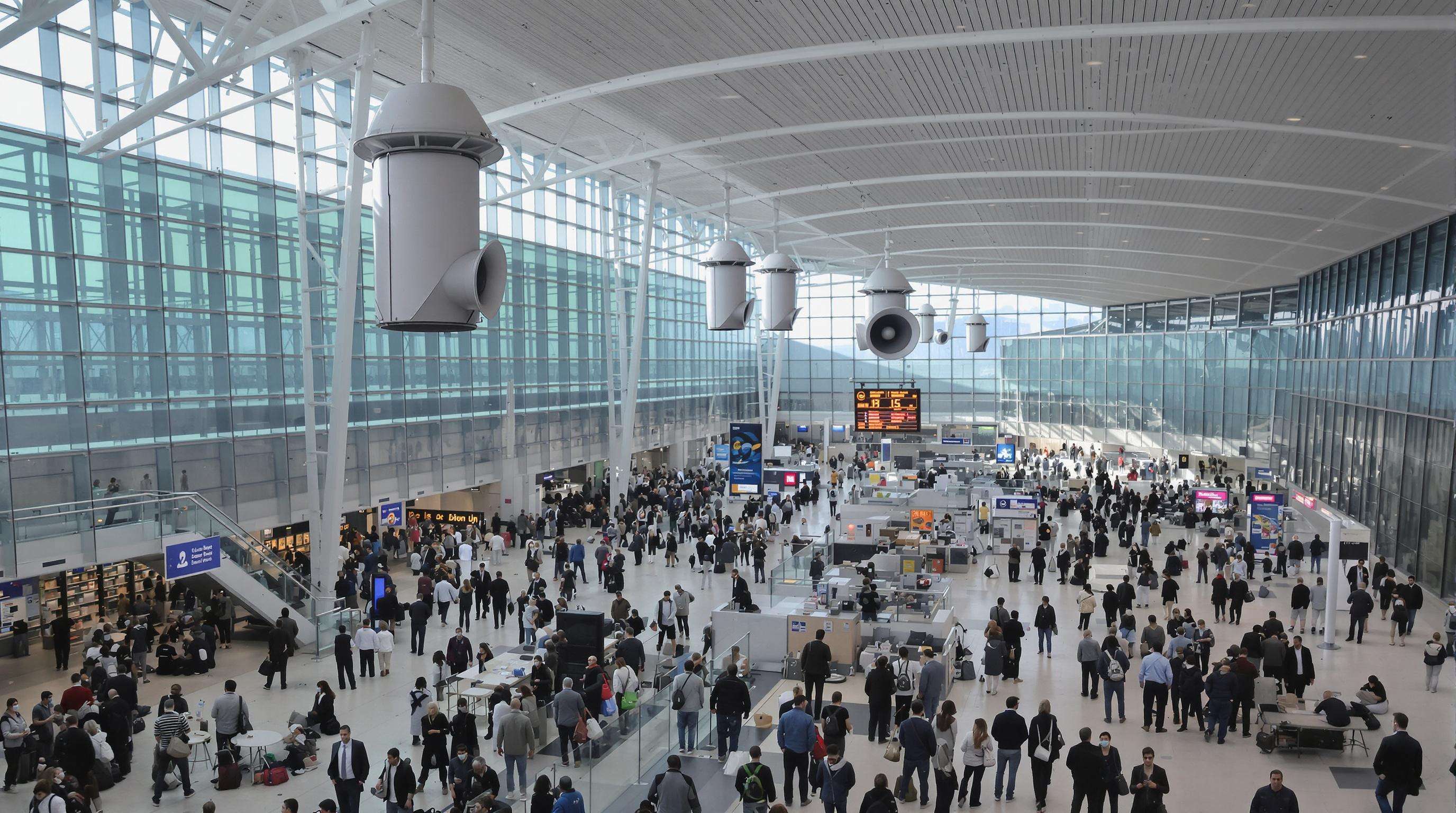 Busy modern transport hub interior with overhead speakers, crowded passengers, and indications of audio confusion