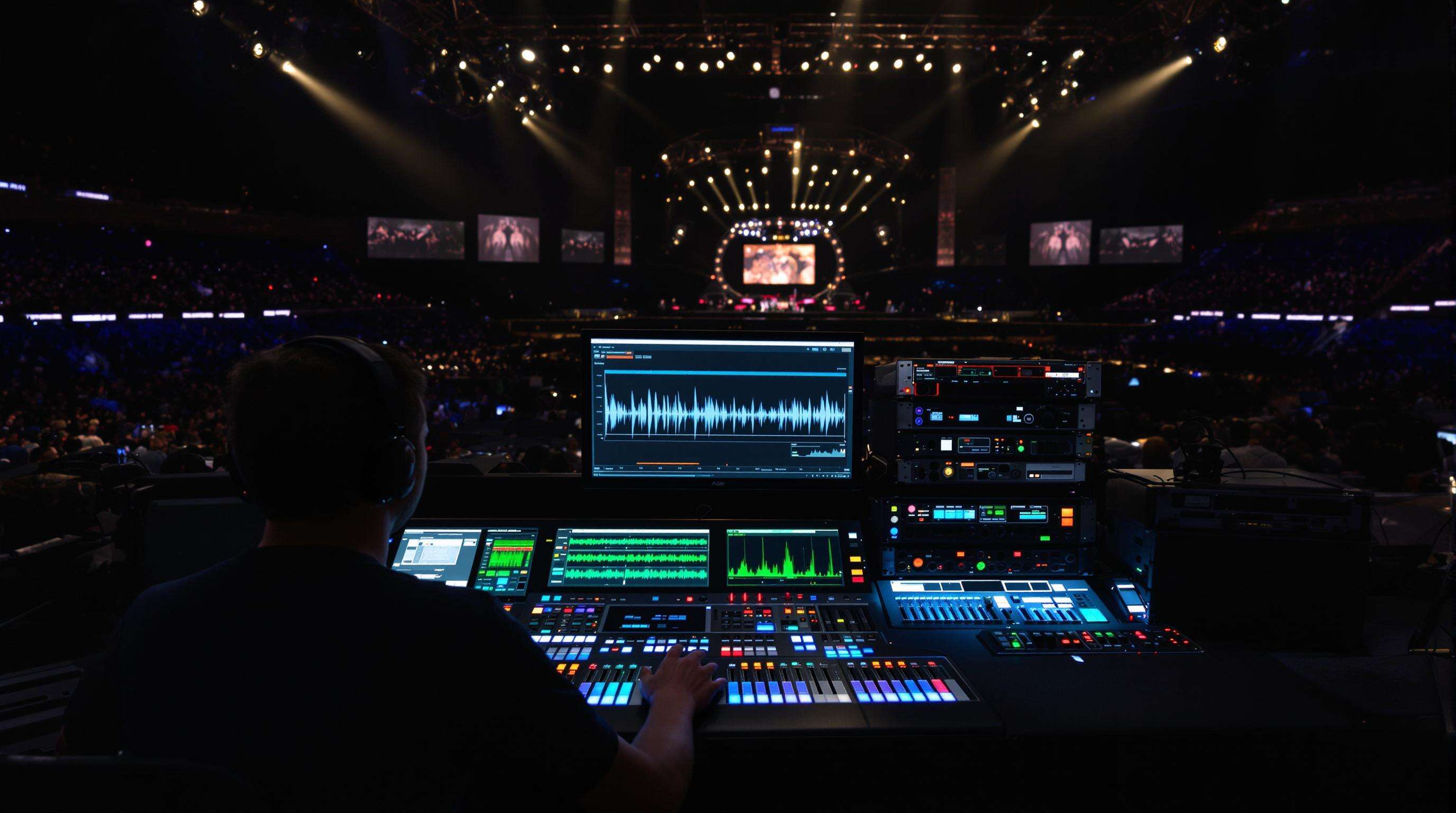 Sound engineer operating digital mixing console with signal processors in concert setting