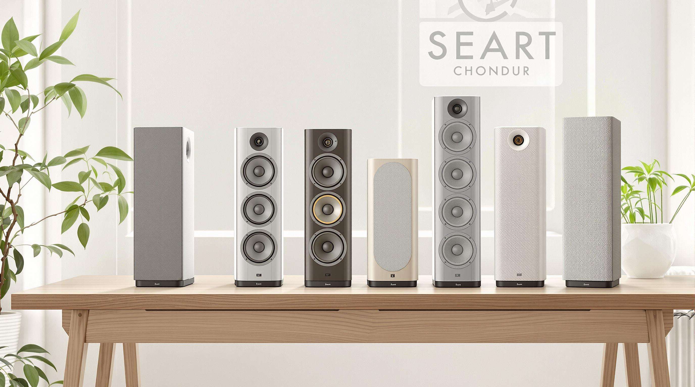 Eco-friendly column speakers made from recycled plastics and bamboo displayed on a table