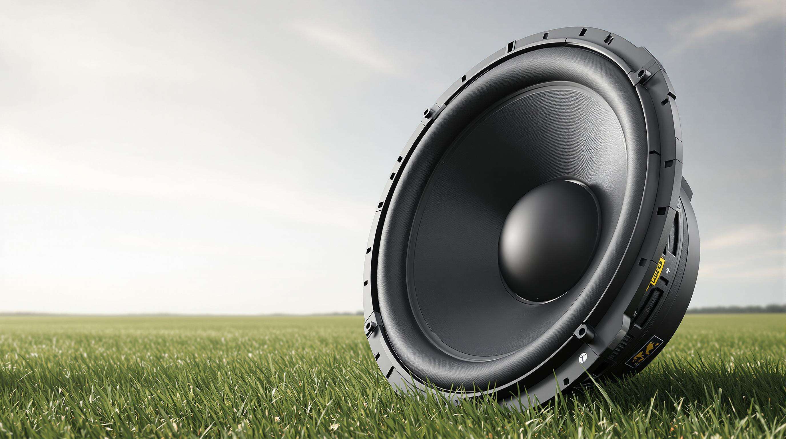 Large 21-inch subwoofer on a grassy field demonstrating outdoor bass physics