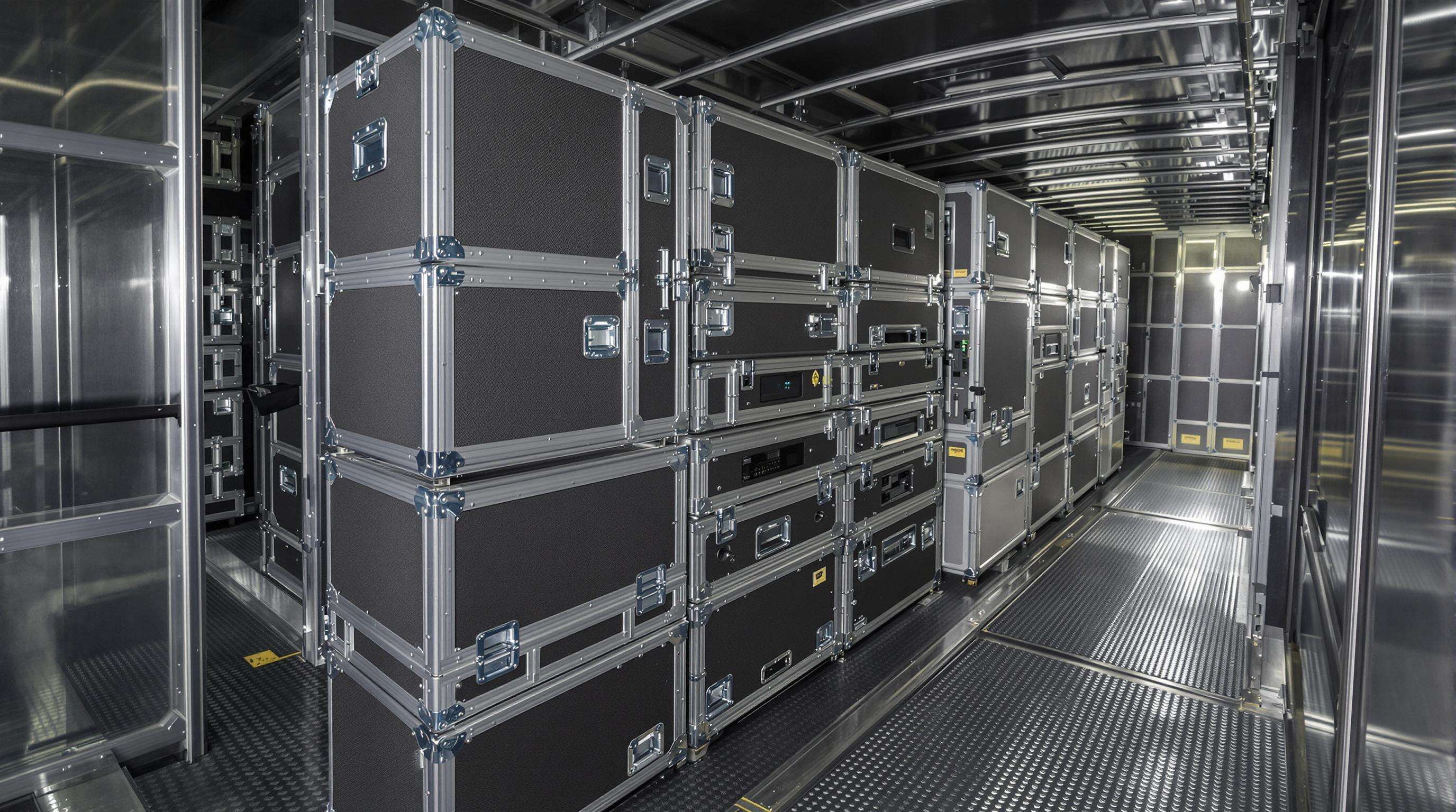 Truck being packed with compact, lightweight stage audio equipment cases using space-efficient arrangements