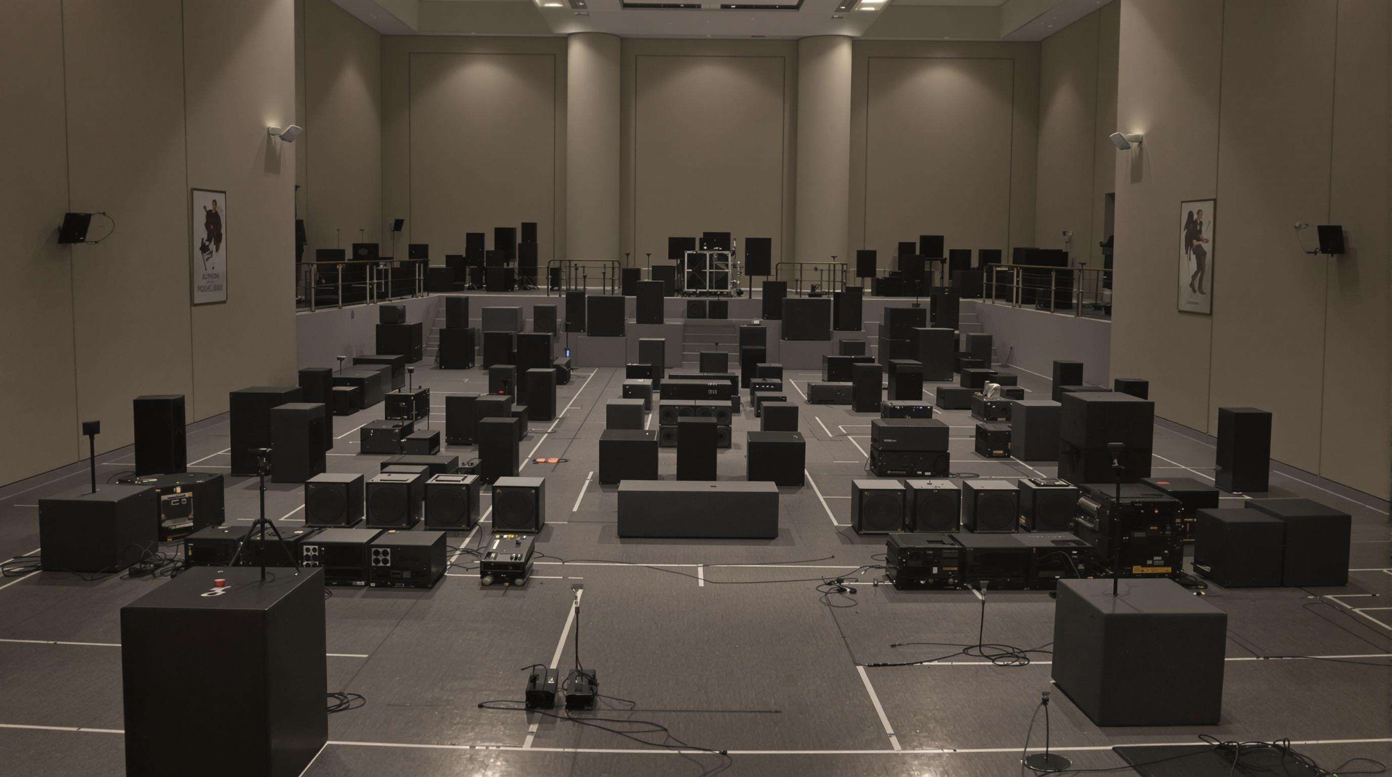 A photorealistic image of multiple professional subwoofers set up in cardioid and distributed patterns on a concert hall stage.
