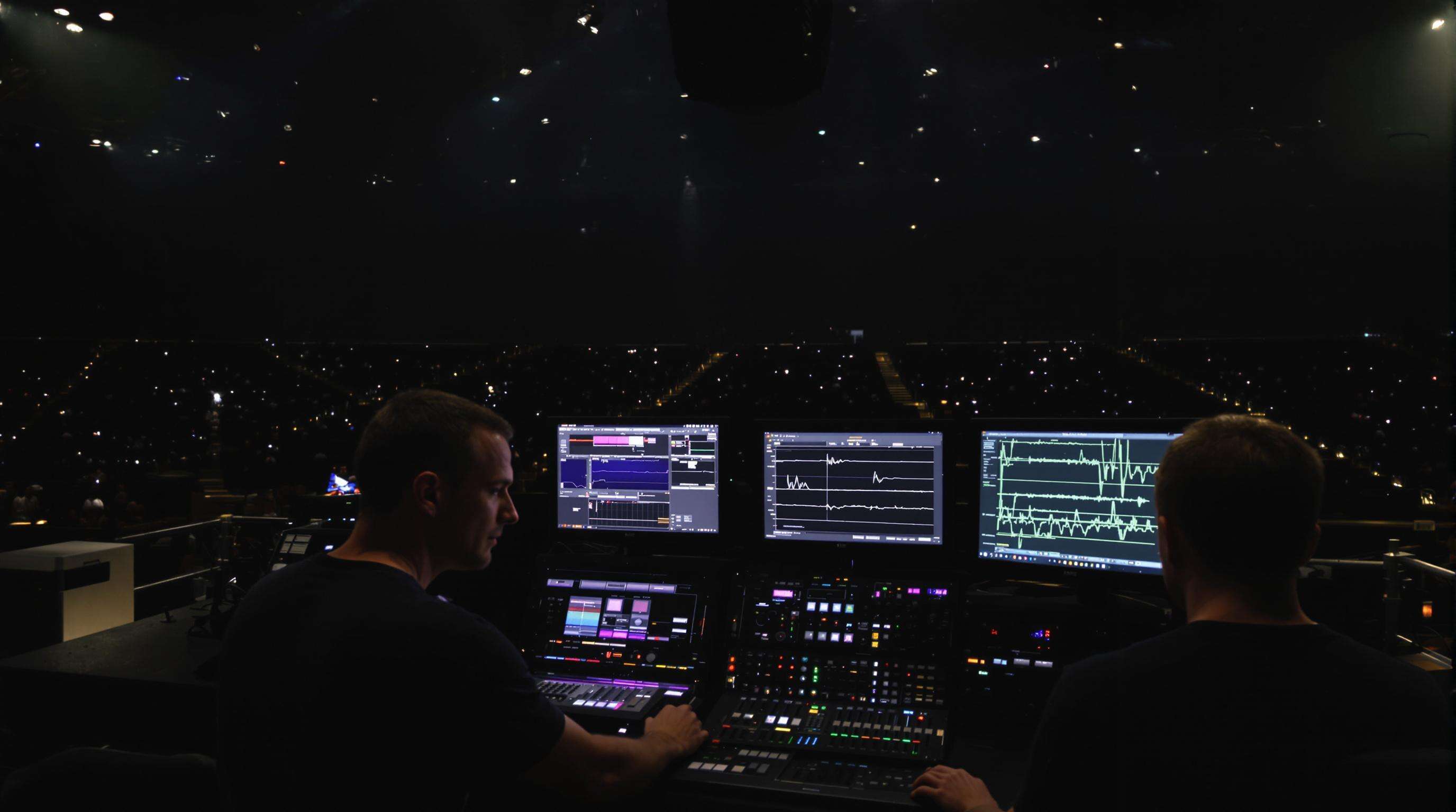 Photorealistic image of a technician managing delay settings on processors with subwoofer arrays in a concert hall