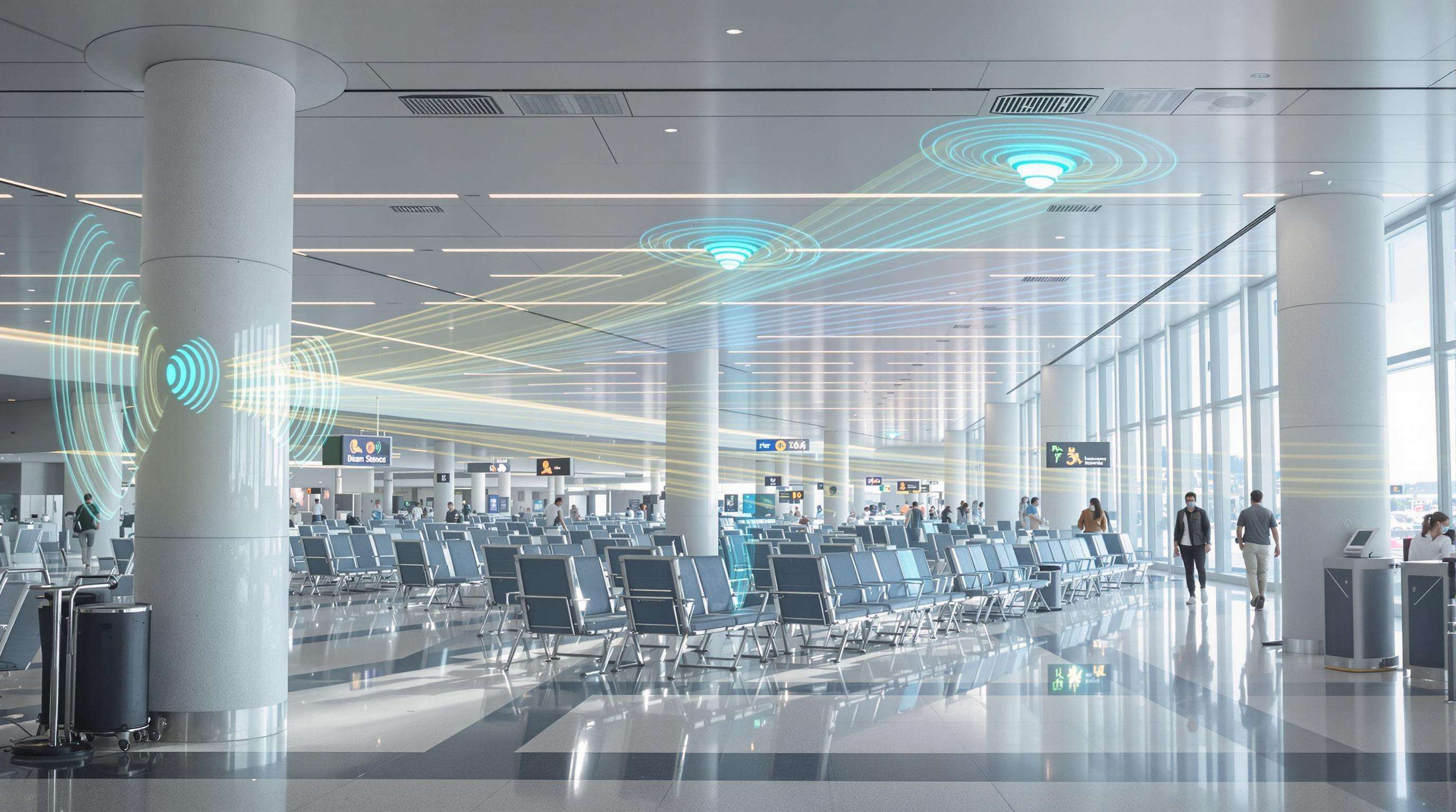 Modern airport concourse with advanced column speakers focusing sound beams to specific areas