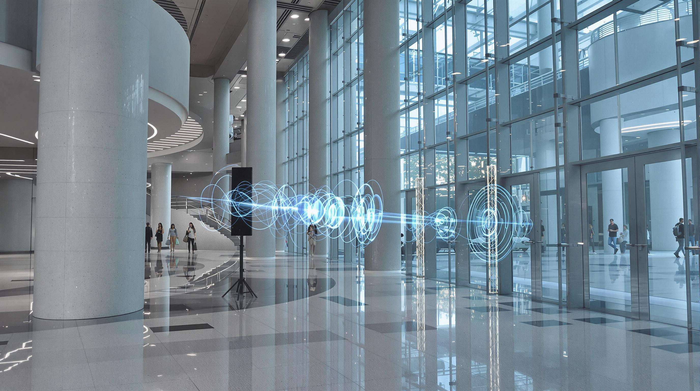 Realistic scene of a glass-fronted lobby showing column loudspeakers and visible sound reflections