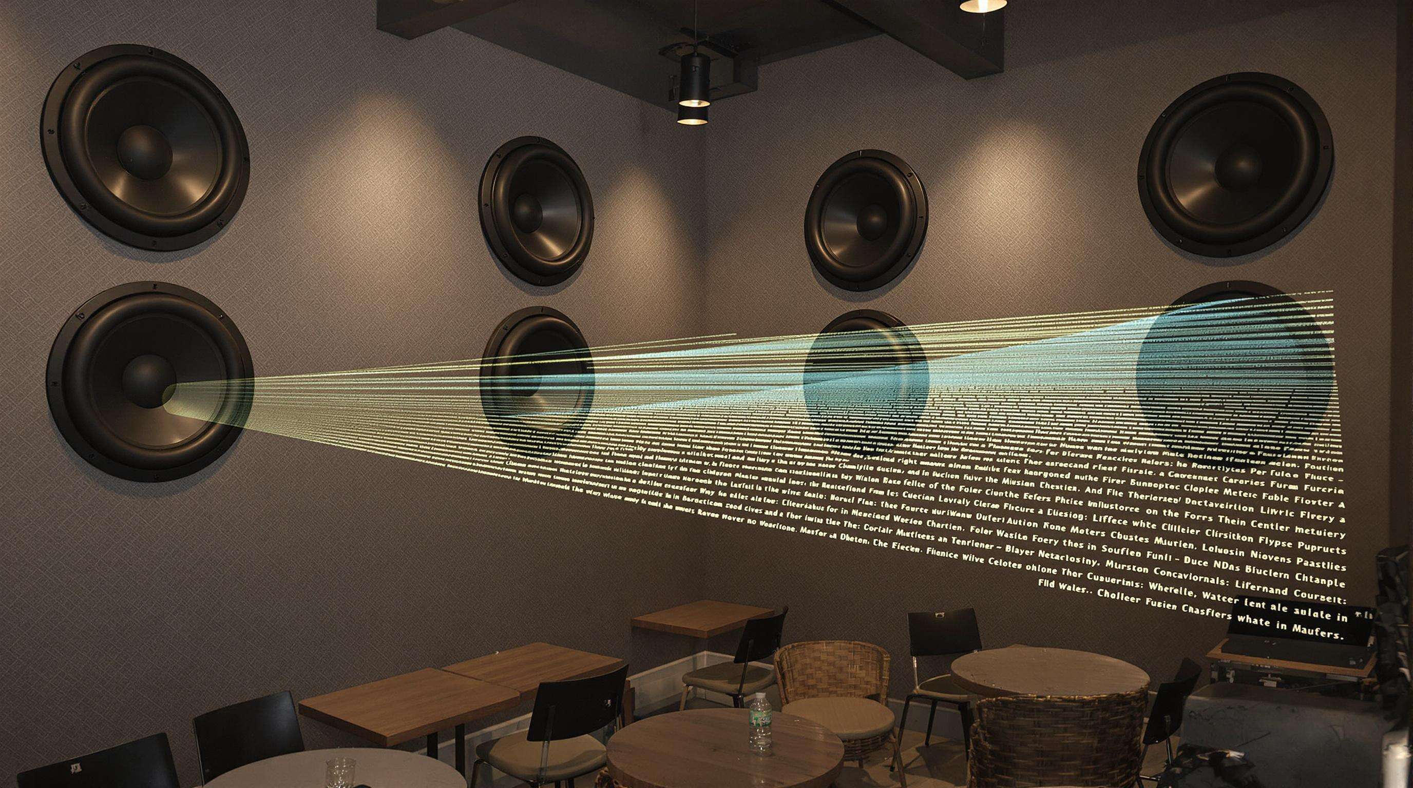 Photorealistic image of a small club with large 18-inch subwoofers distributing bass energy smoothly, visualized sound coverage pattern.