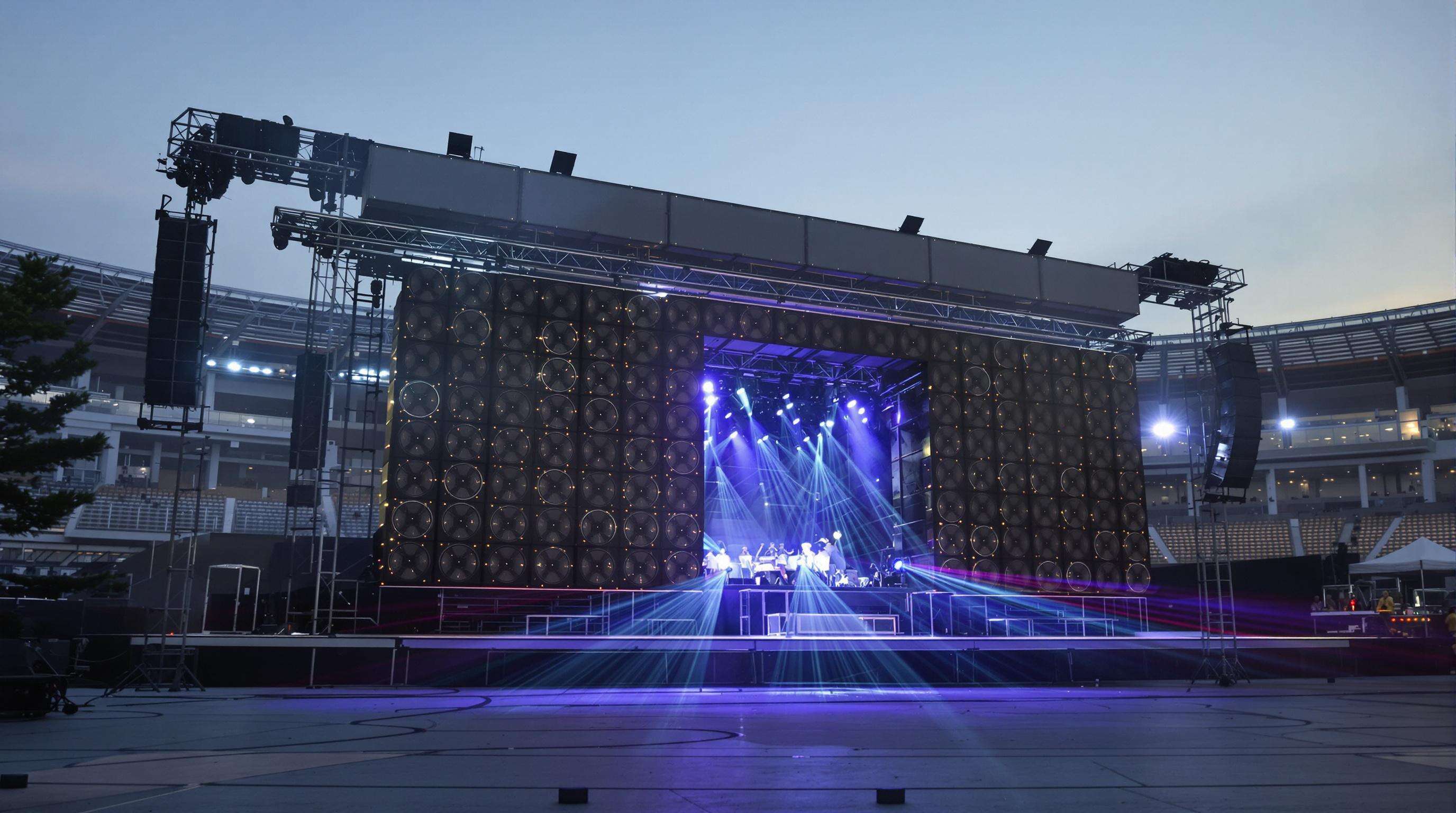 Realistic scene showing subwoofer array on a stage directing sound waves forward with reduced output at the rear