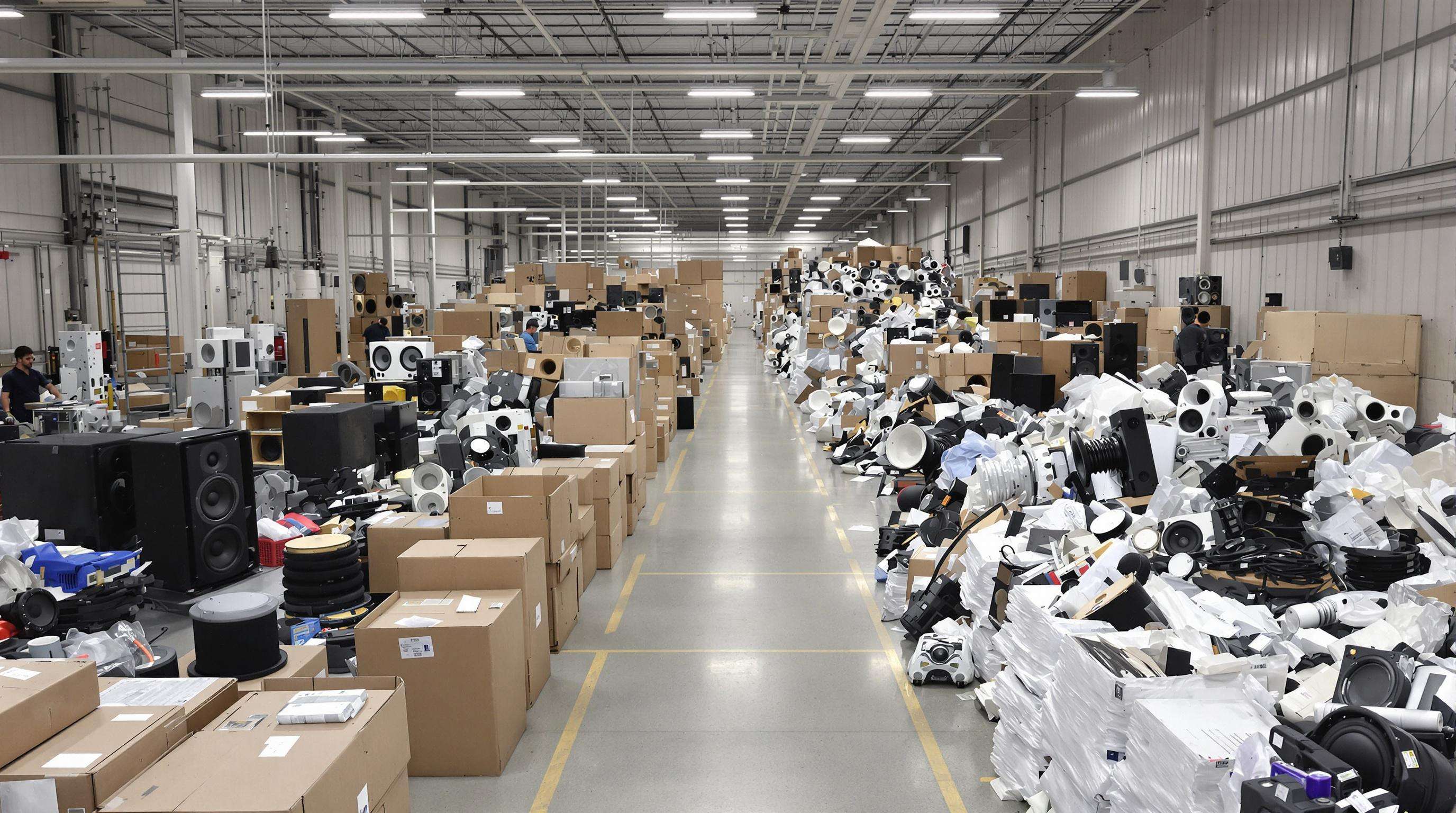 Speaker manufacturing process showing assembly line and separated recyclable components