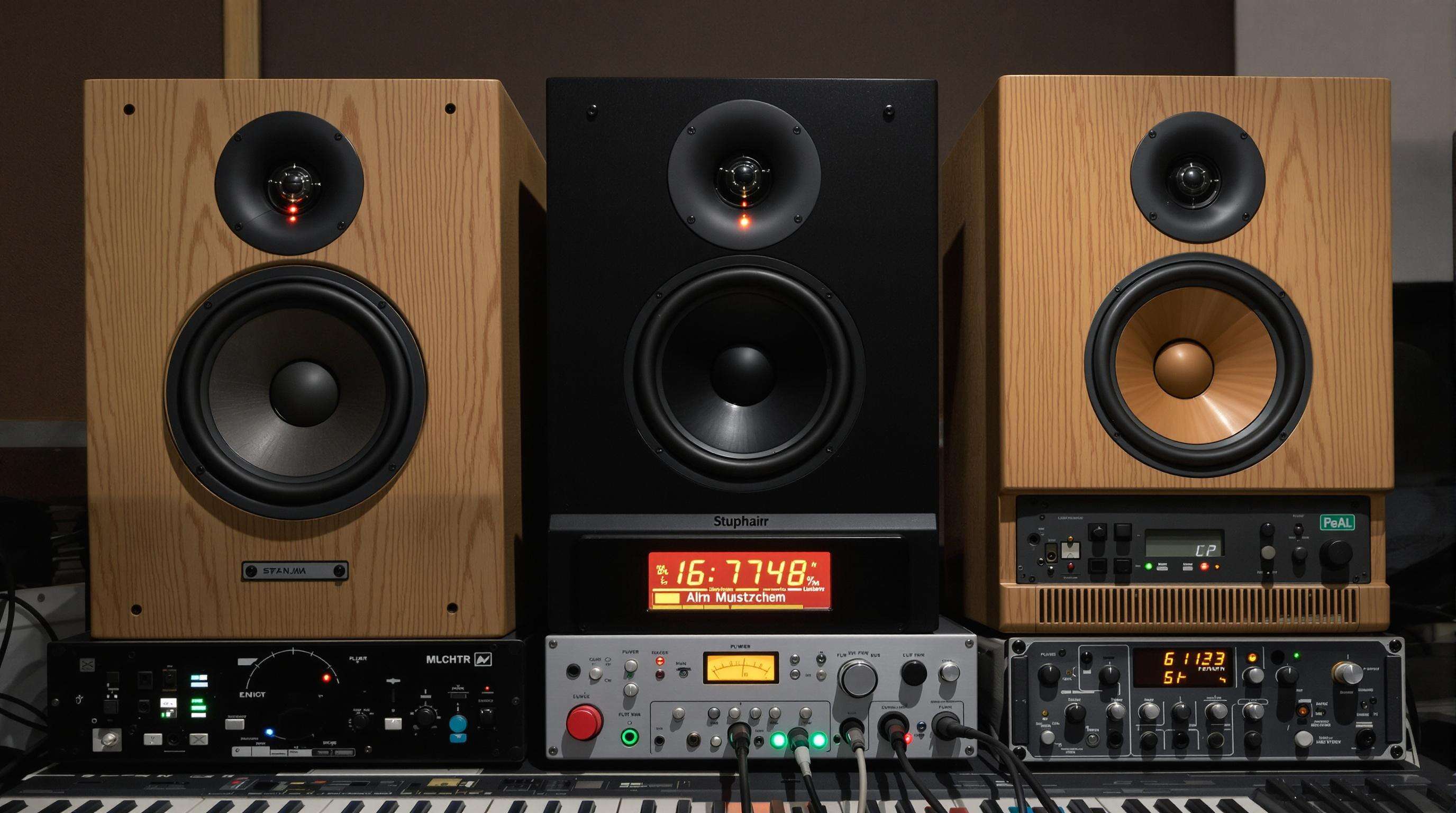 Three studio monitors on a desk with power meters measuring their energy consumption