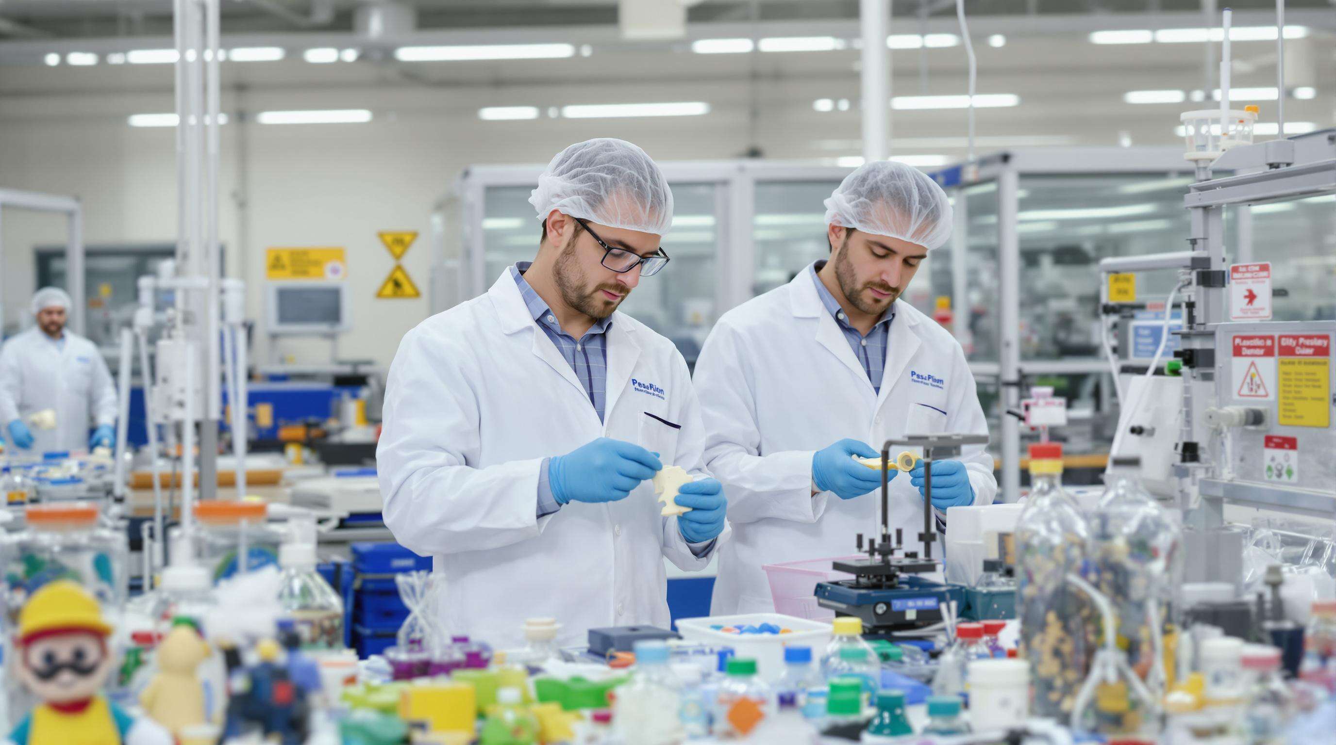 Lab technicians test plastic toy samples for chemical safety in a modern laboratory with analysis equipment.