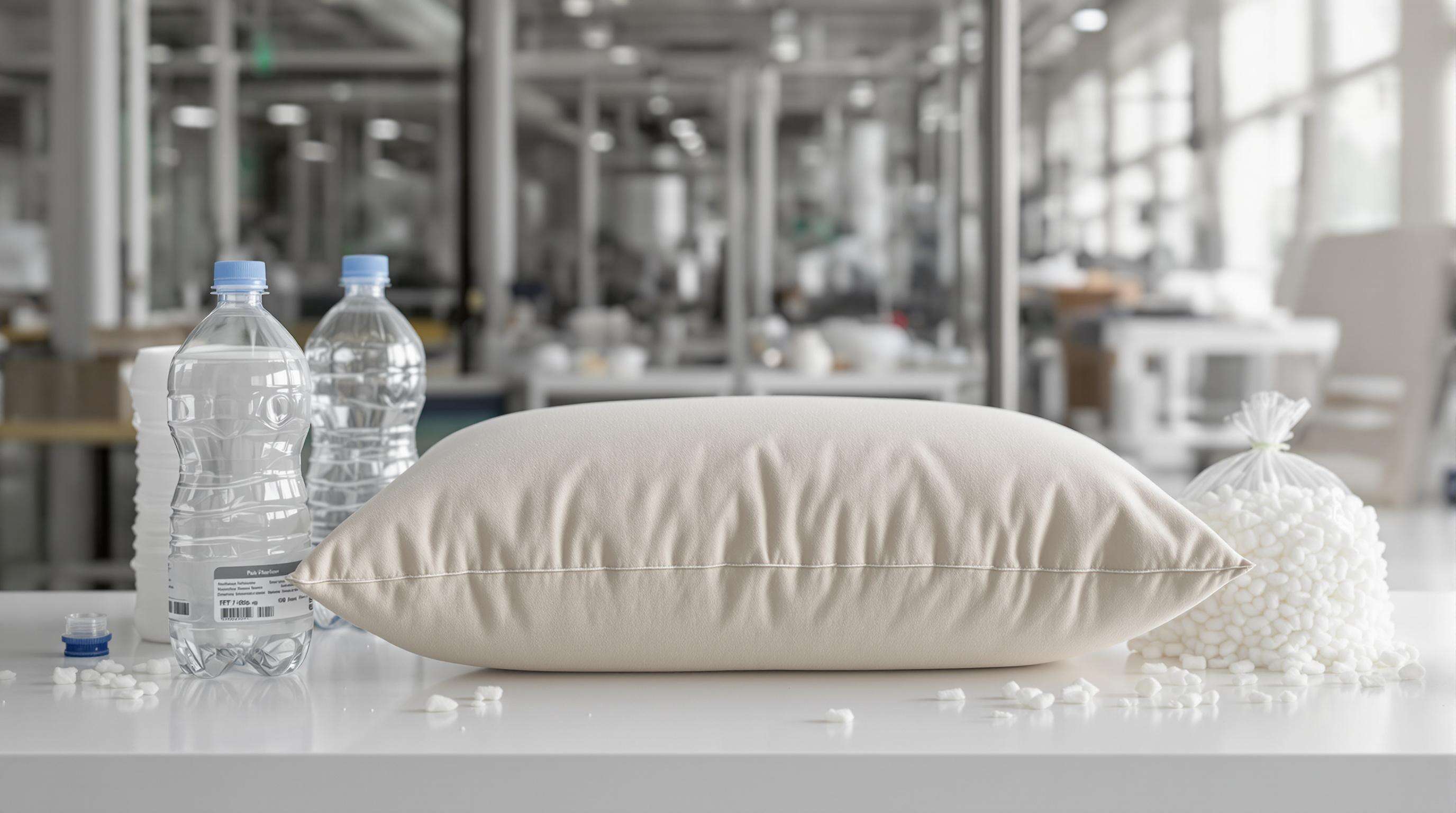 Plush pillow with recycled PET bottles and polyester fibers in a factory setting