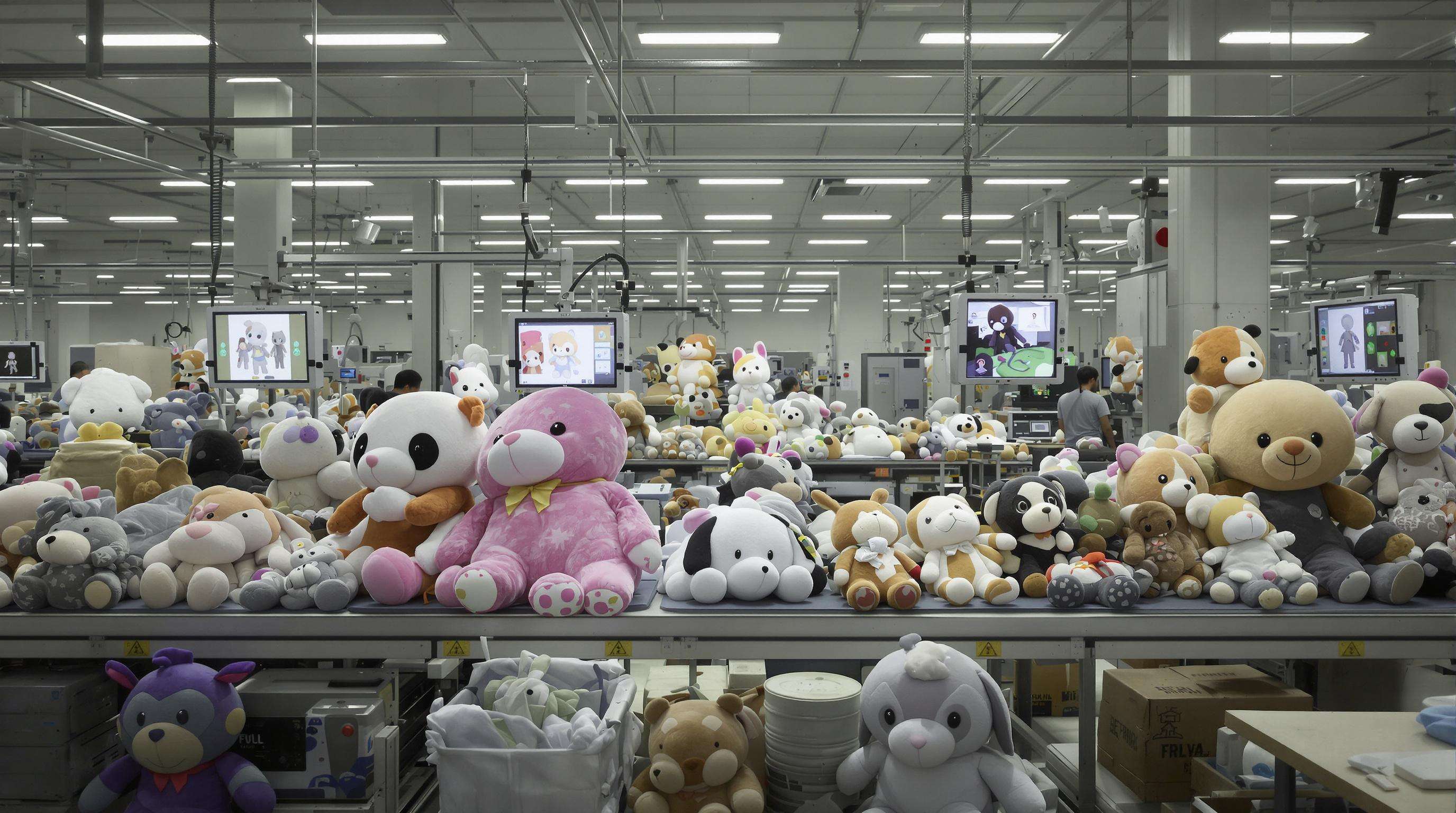 Plush toy factory assembly line with workers and machines making stuffed animals in various stages.