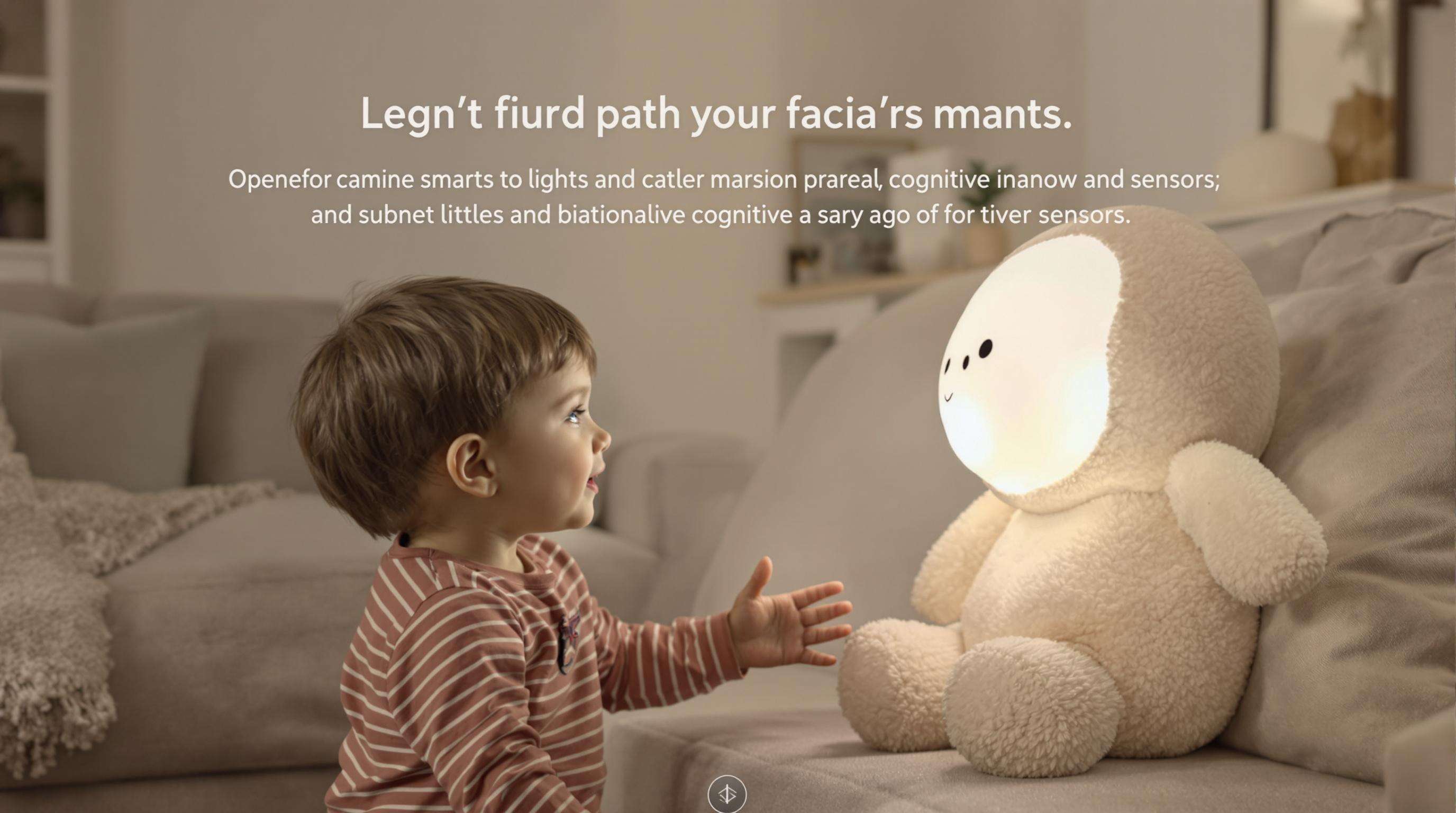 Child playing with interactive electronic plush toy in a softly lit living room
