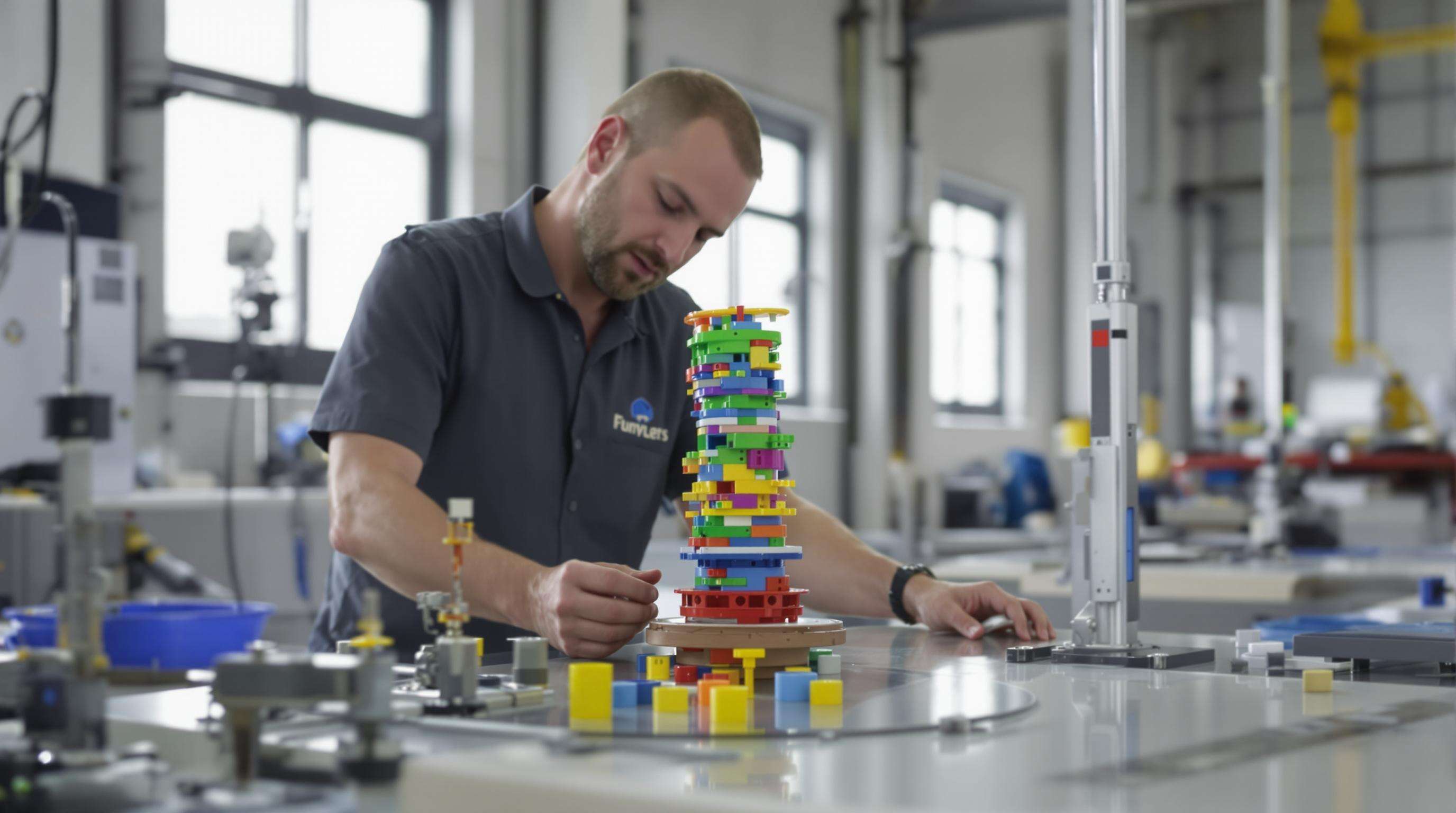 Engineer assessing toy part size using a cylindrical test gauge among safety testing equipment.