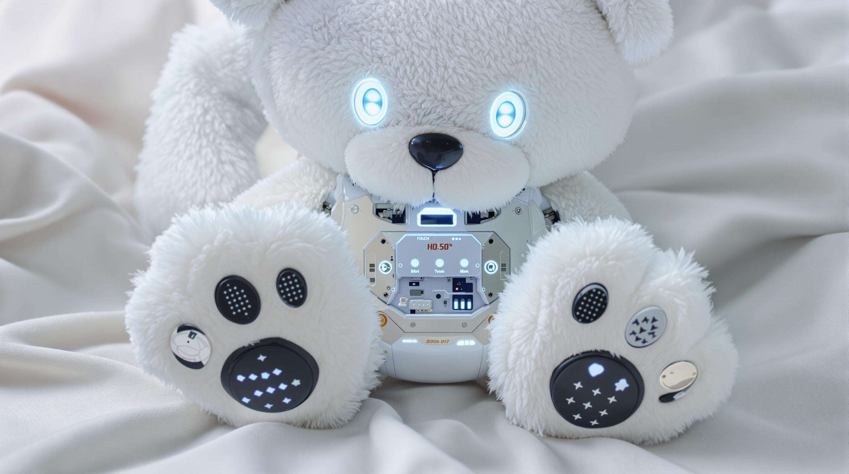 Electronic plush toy with visible sensors and light-up features in a soft, neutral room