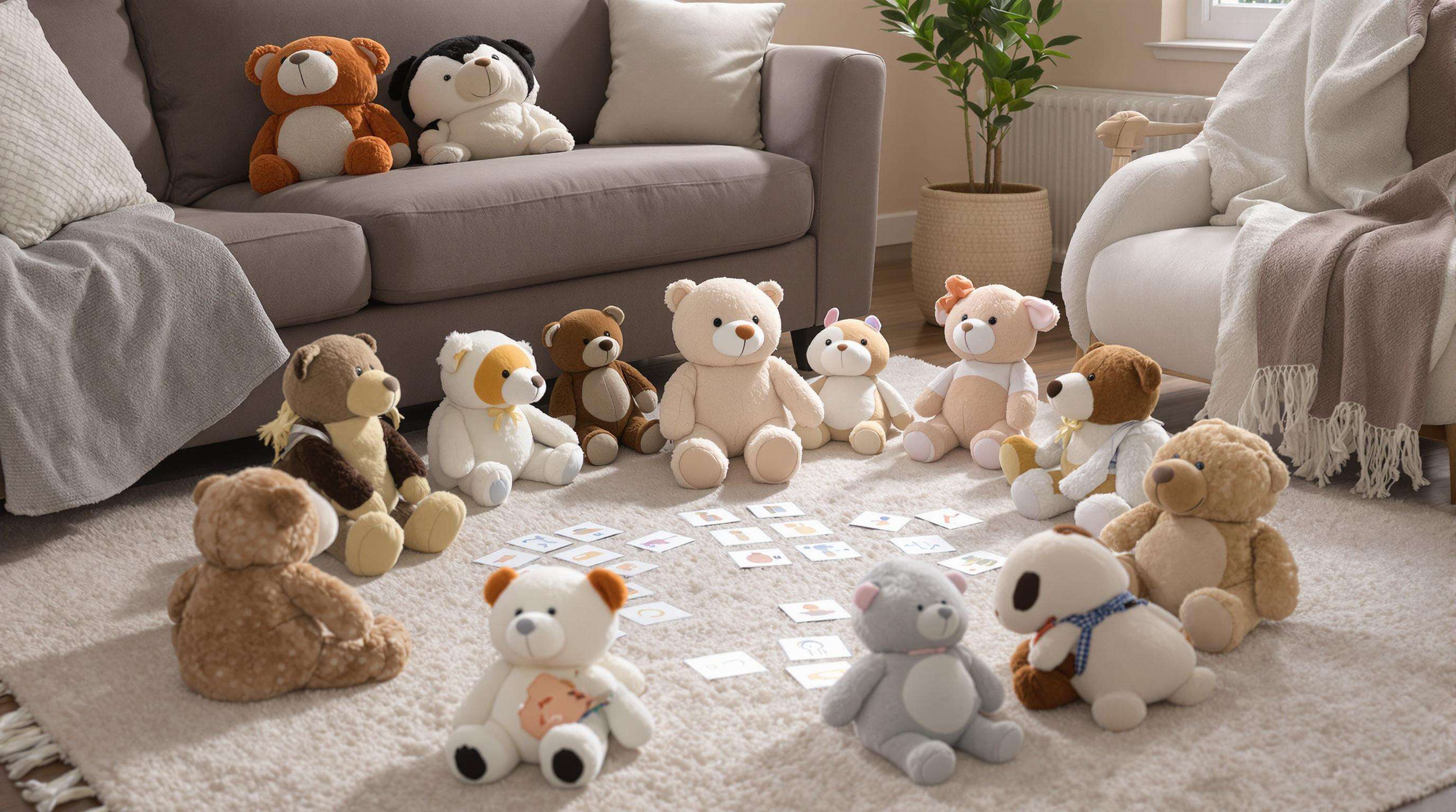 A young child on a rug playing a sequence memory game with stuffed animals in a softly lit room