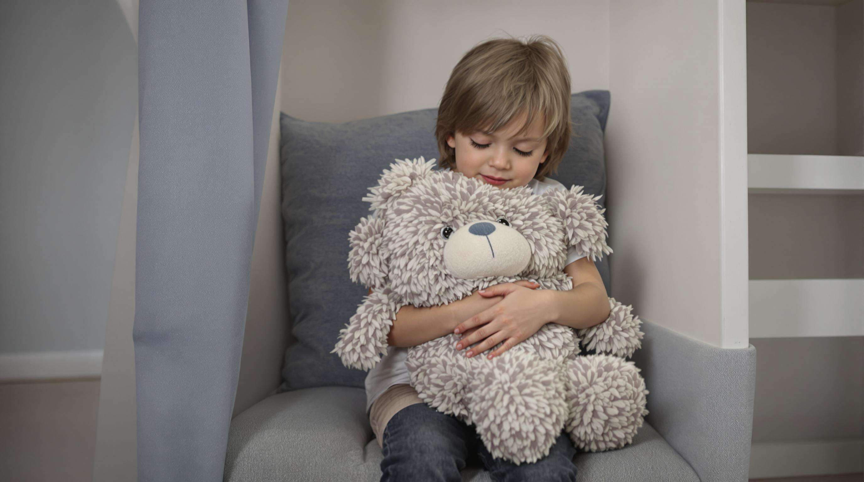 A calm child hugging a weighted stuffed animal in a peaceful reading corner