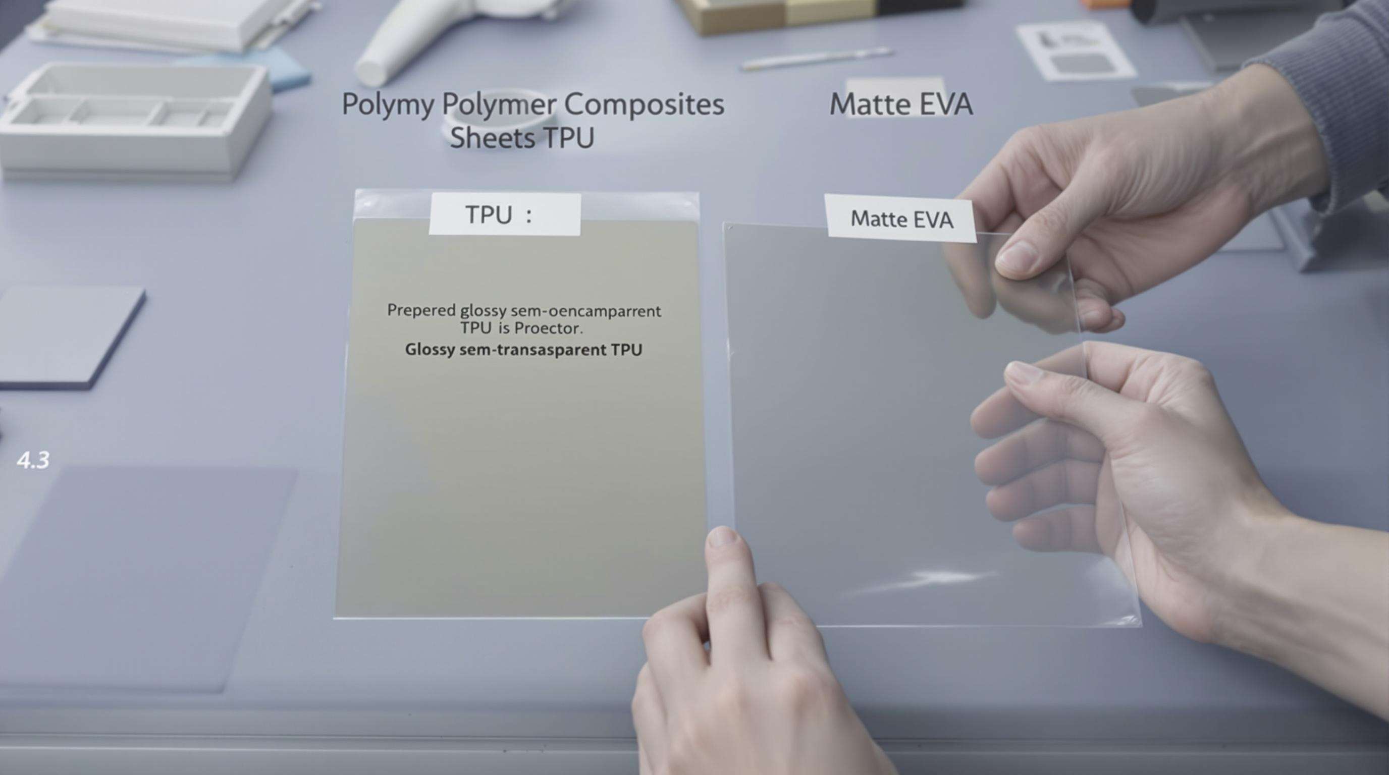 Hands comparing different polymer sheets for back protection on a workbench
