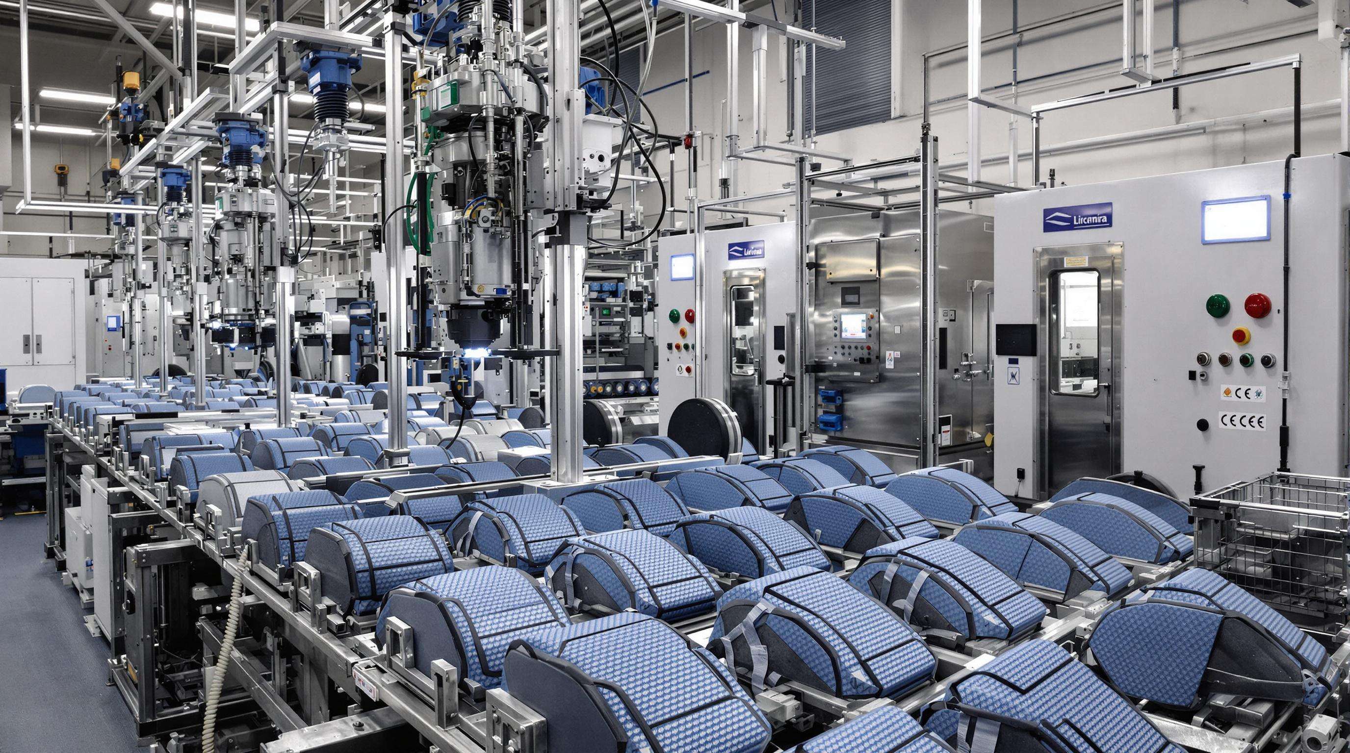 Factory scene with back protectors being tested by automated machines under strict certification processes