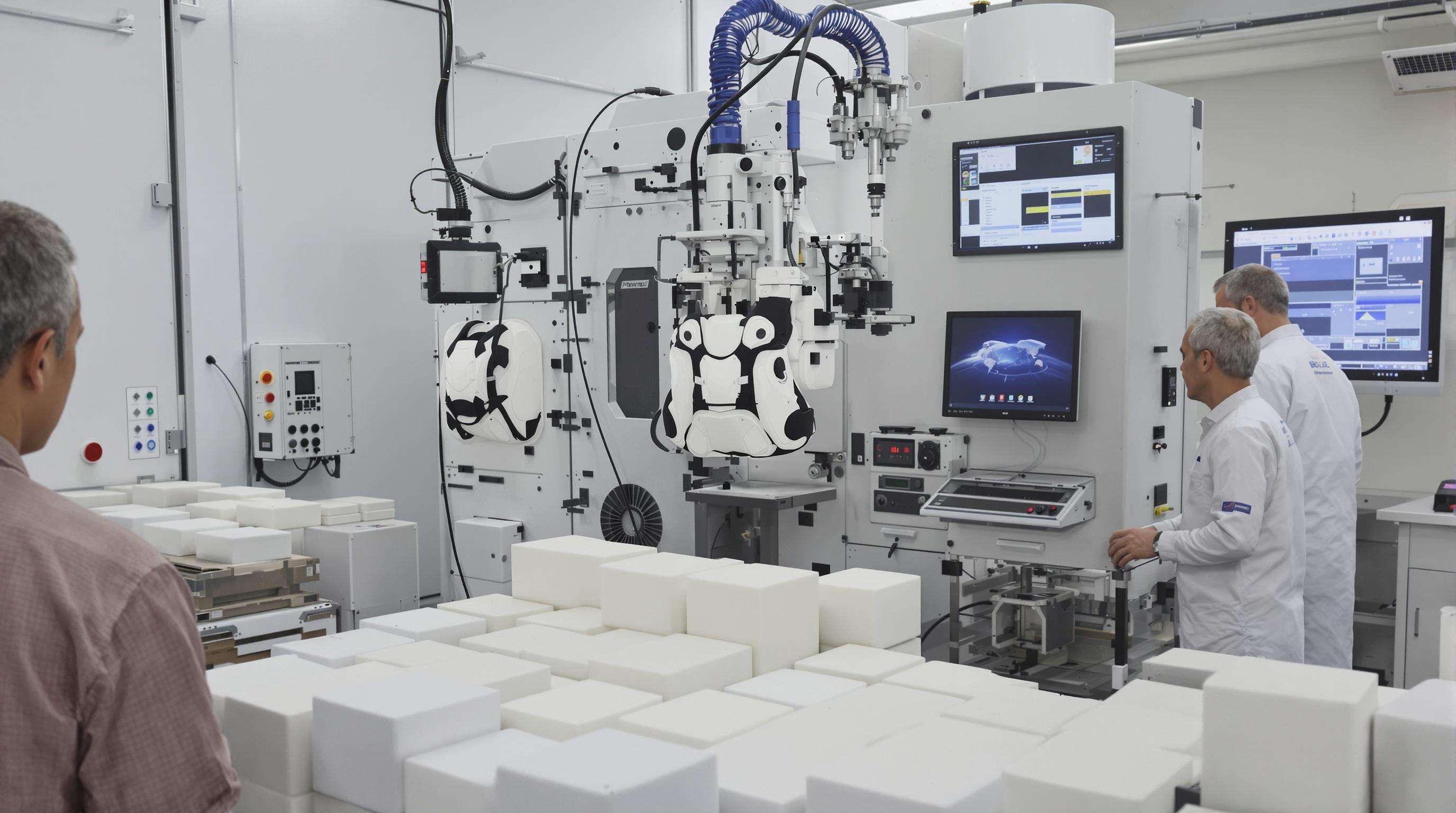 Technicians and machines performing impact and quality tests on back protectors in a controlled lab environment