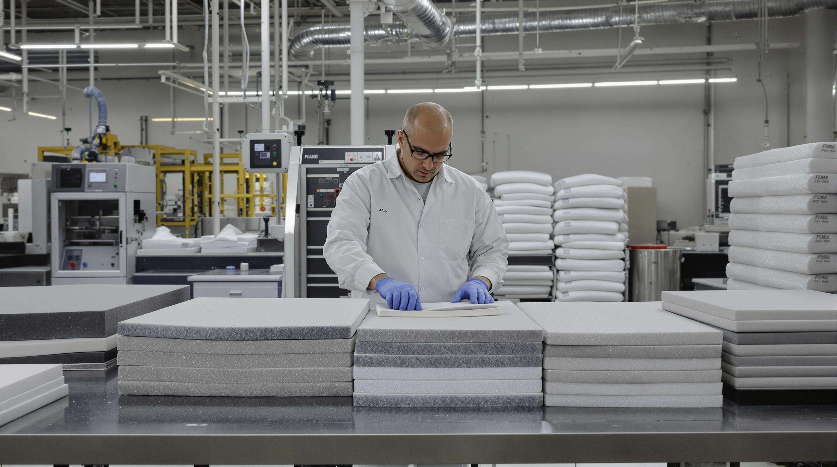 Quality control inspector examining back protector materials in a laboratory environment