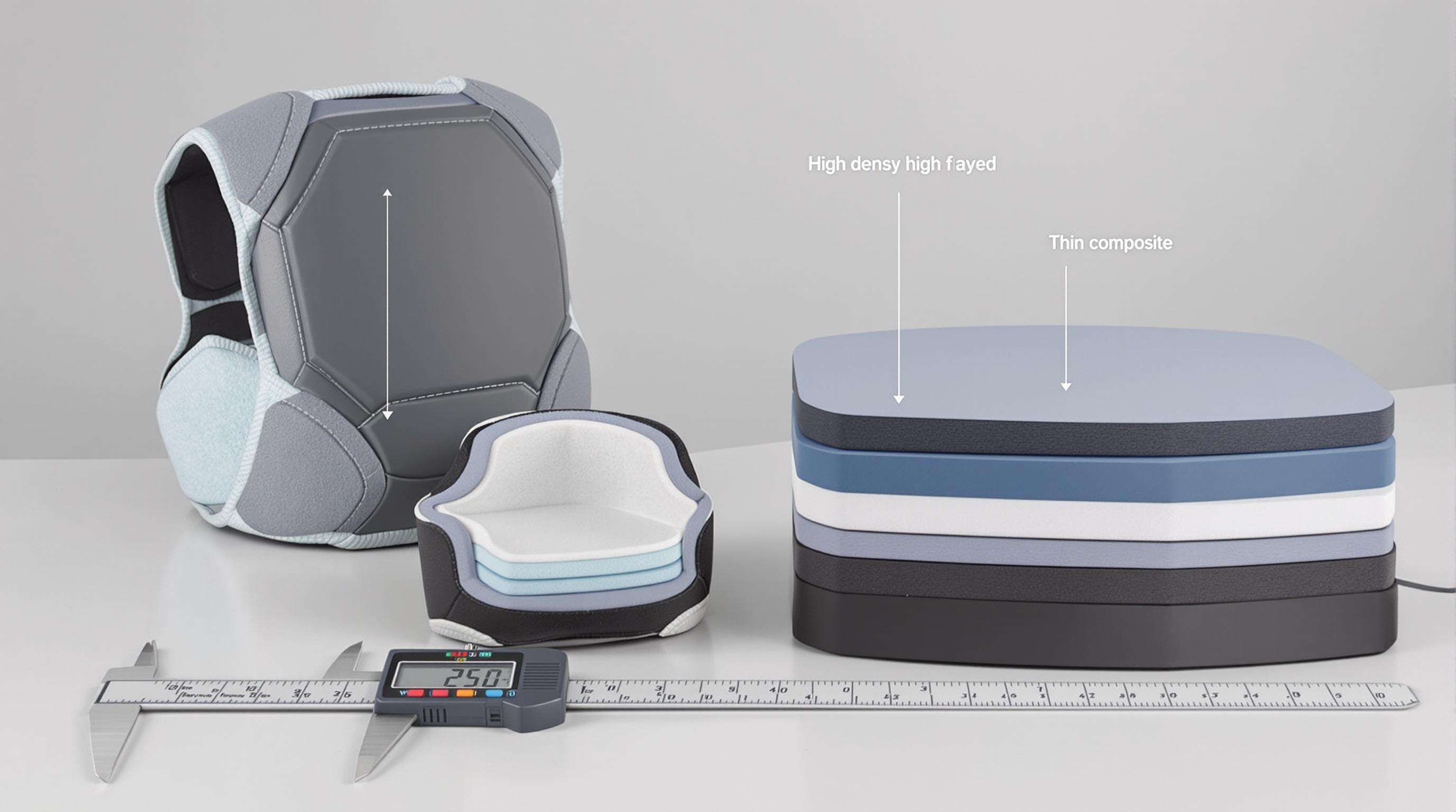 Modern ski back protectors showing layered materials and thickness measurement