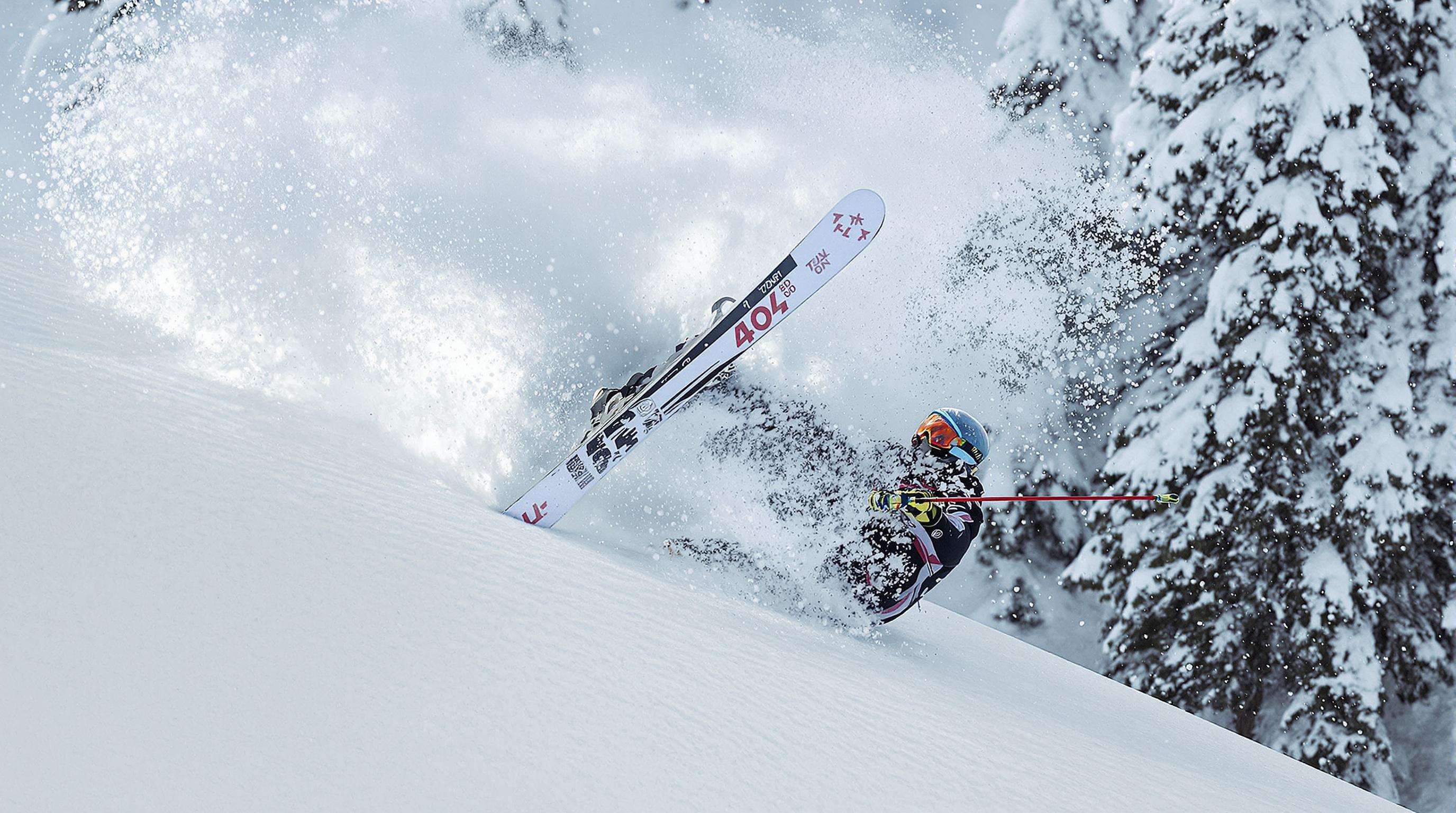 Photorealistic image of a skier crashing backward on an alpine slope, emphasizing biomechanical forces