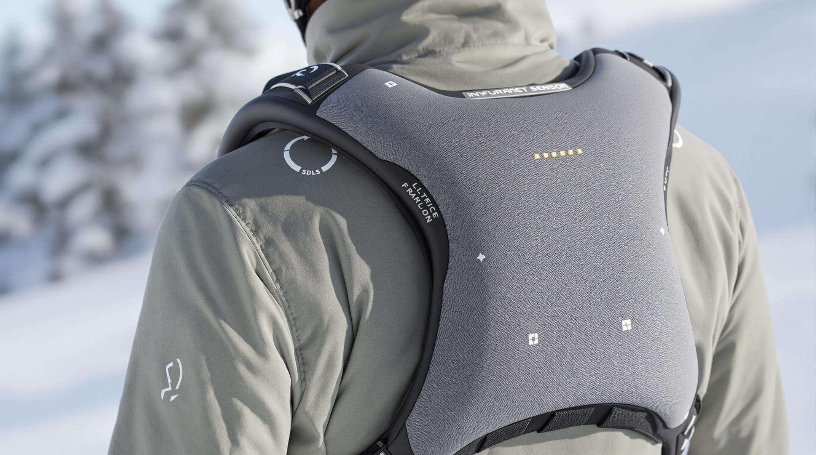 Detailed photo of a modern ski back protector with visible sensors and flexible adaptive materials on a snowy background