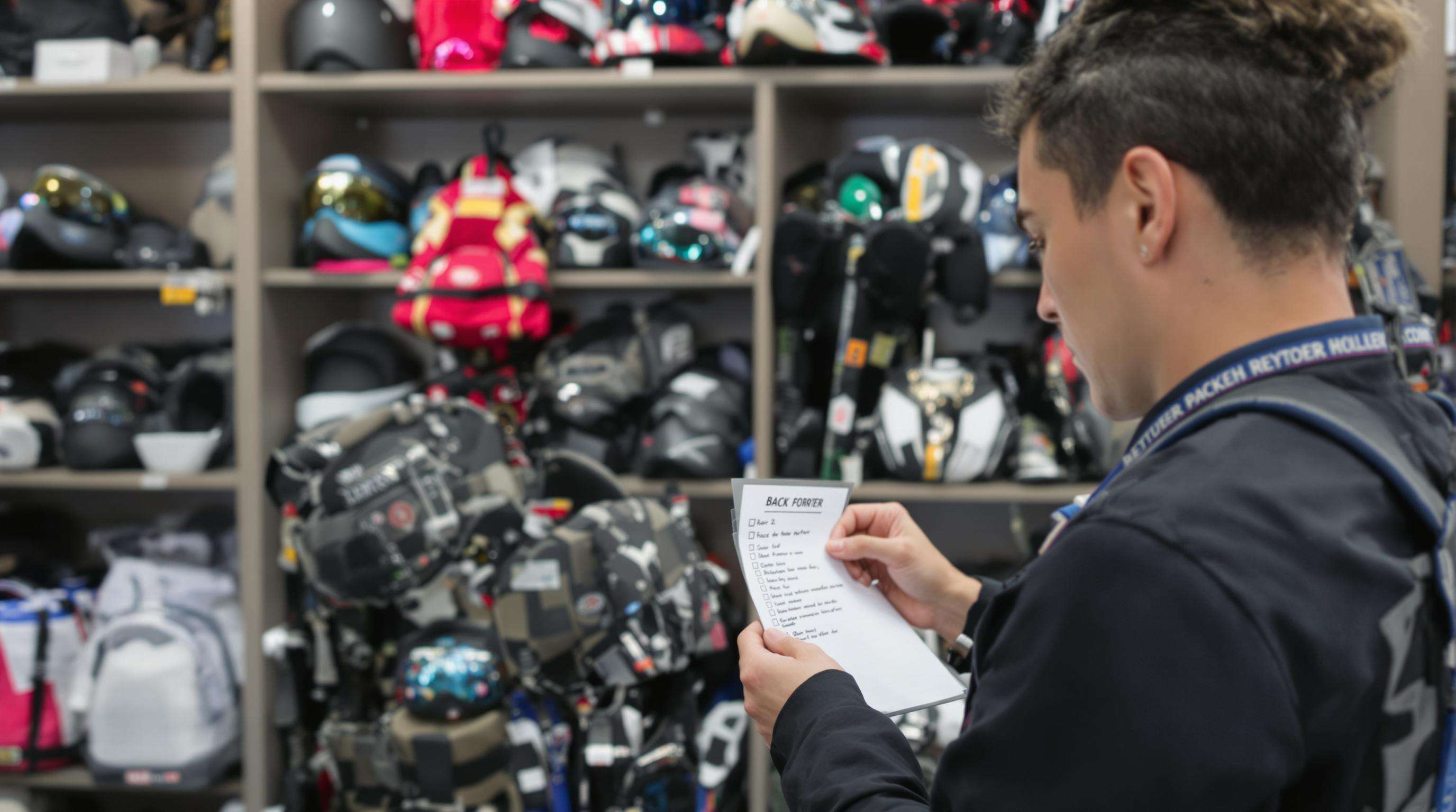 Ski rental employee inspecting back protector with rental gear shelves in background