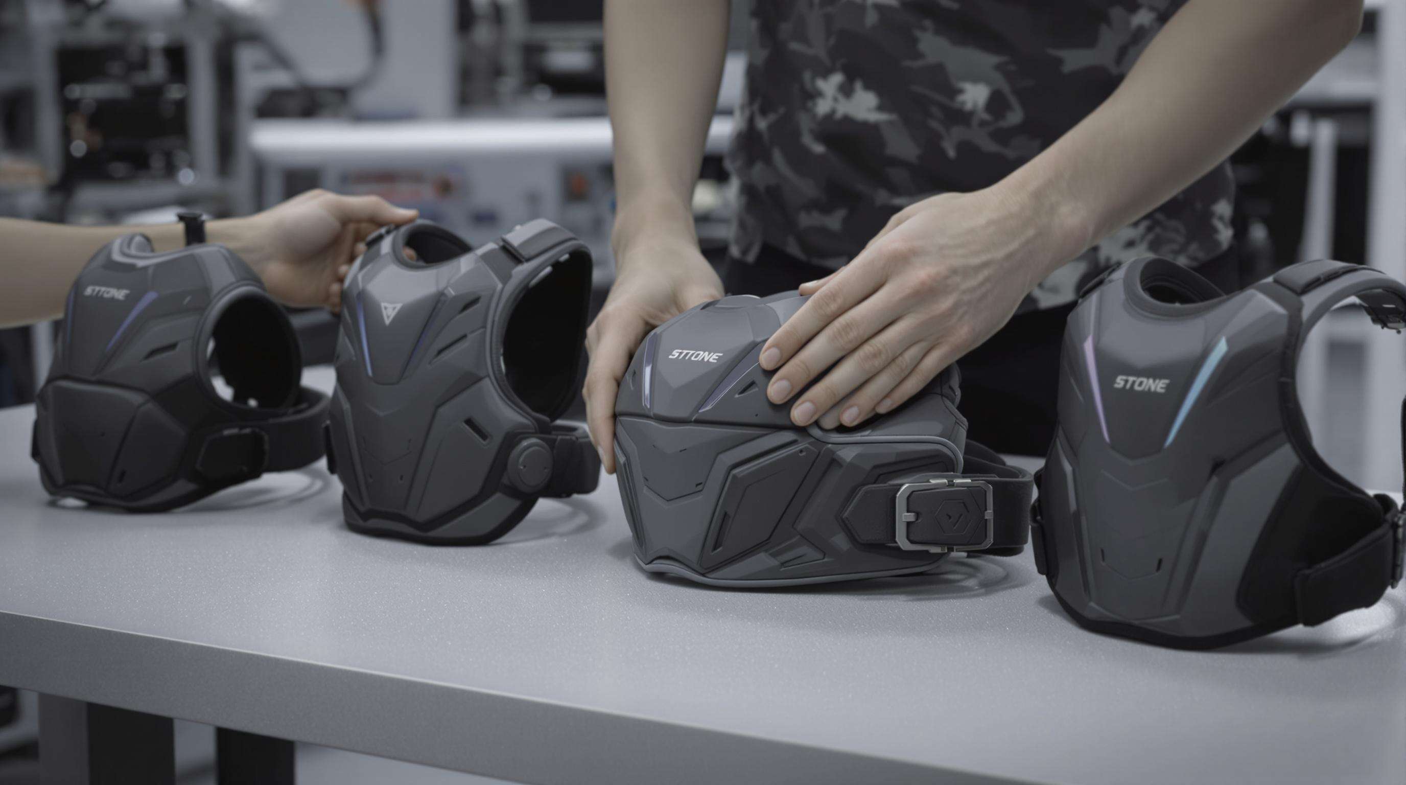 Motorcycle back protectors on a table, one being flexed in a technical lab setting