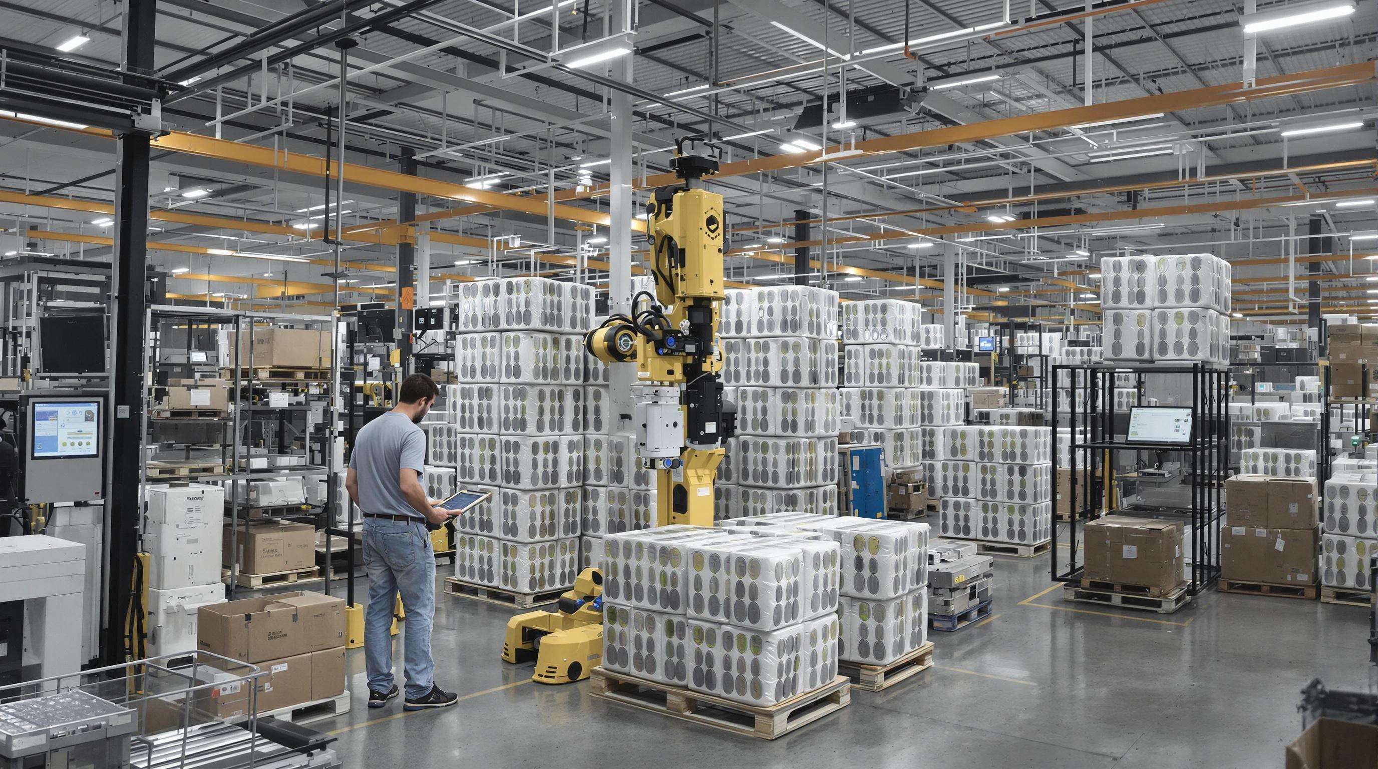 Photorealistic image of a warehouse with robots moving pallets of back protectors, digital screens and sensors in the background, representing advanced inventory management.