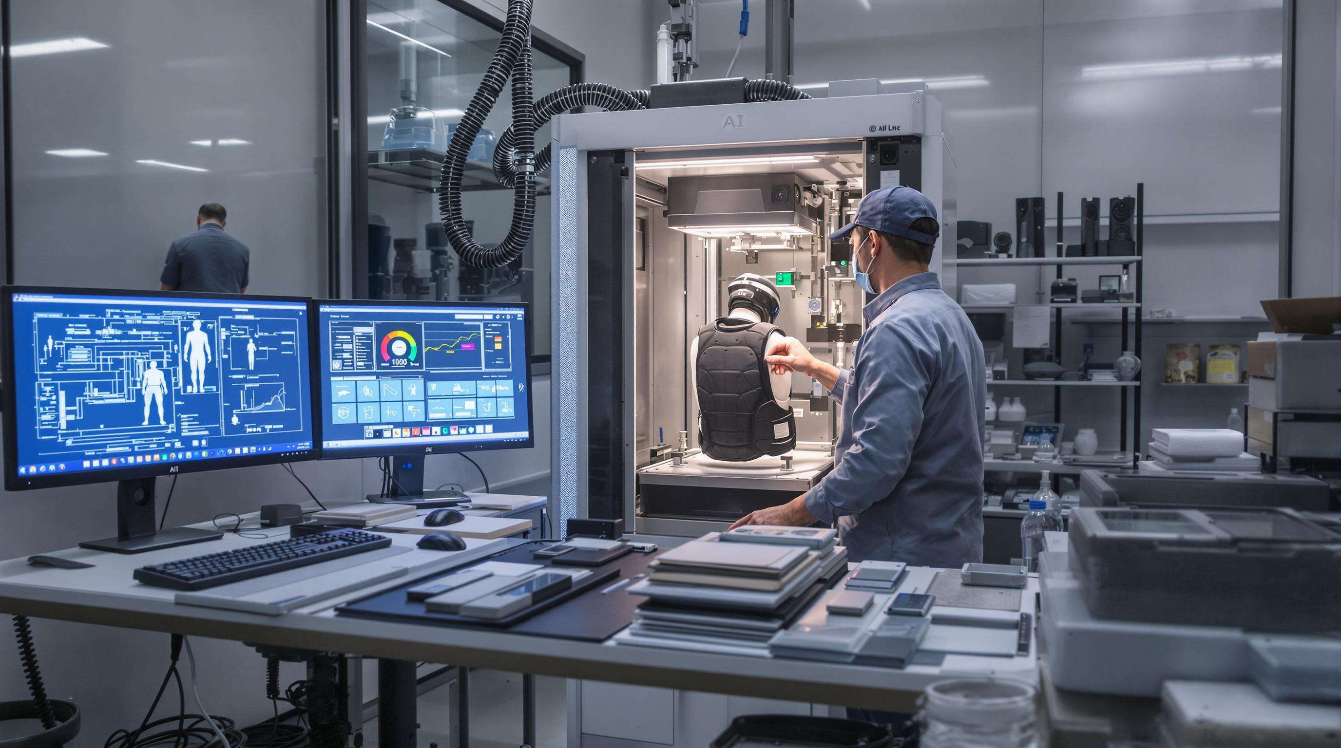 Engineer using AI testing equipment to analyze back protector in a contemporary lab