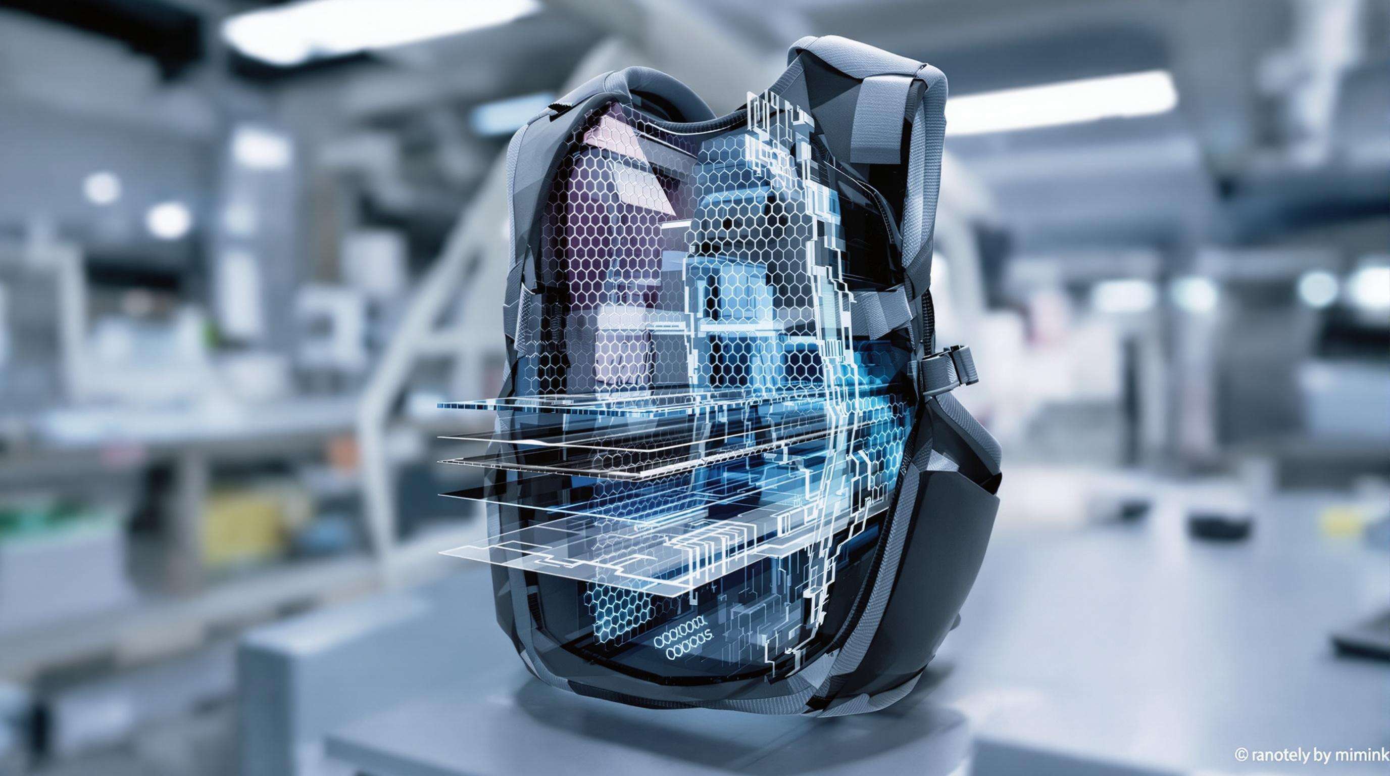 Photorealistic cross-section of an advanced back protector showing layered modern materials