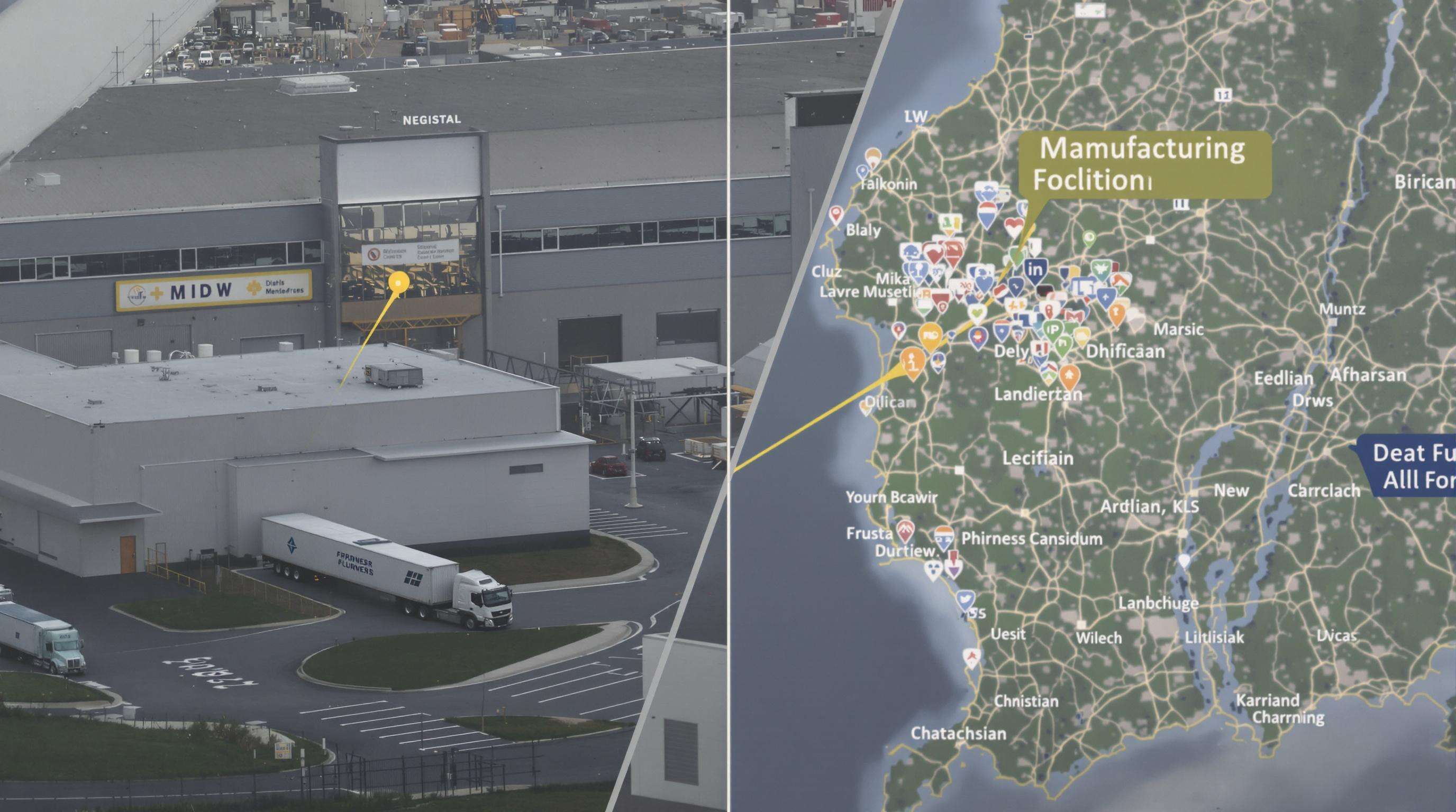 Photorealistic image of two factories in separate regions with cargo trucks departing, showing a satellite map overlay, illustrating geographically diversified dual-sourcing.