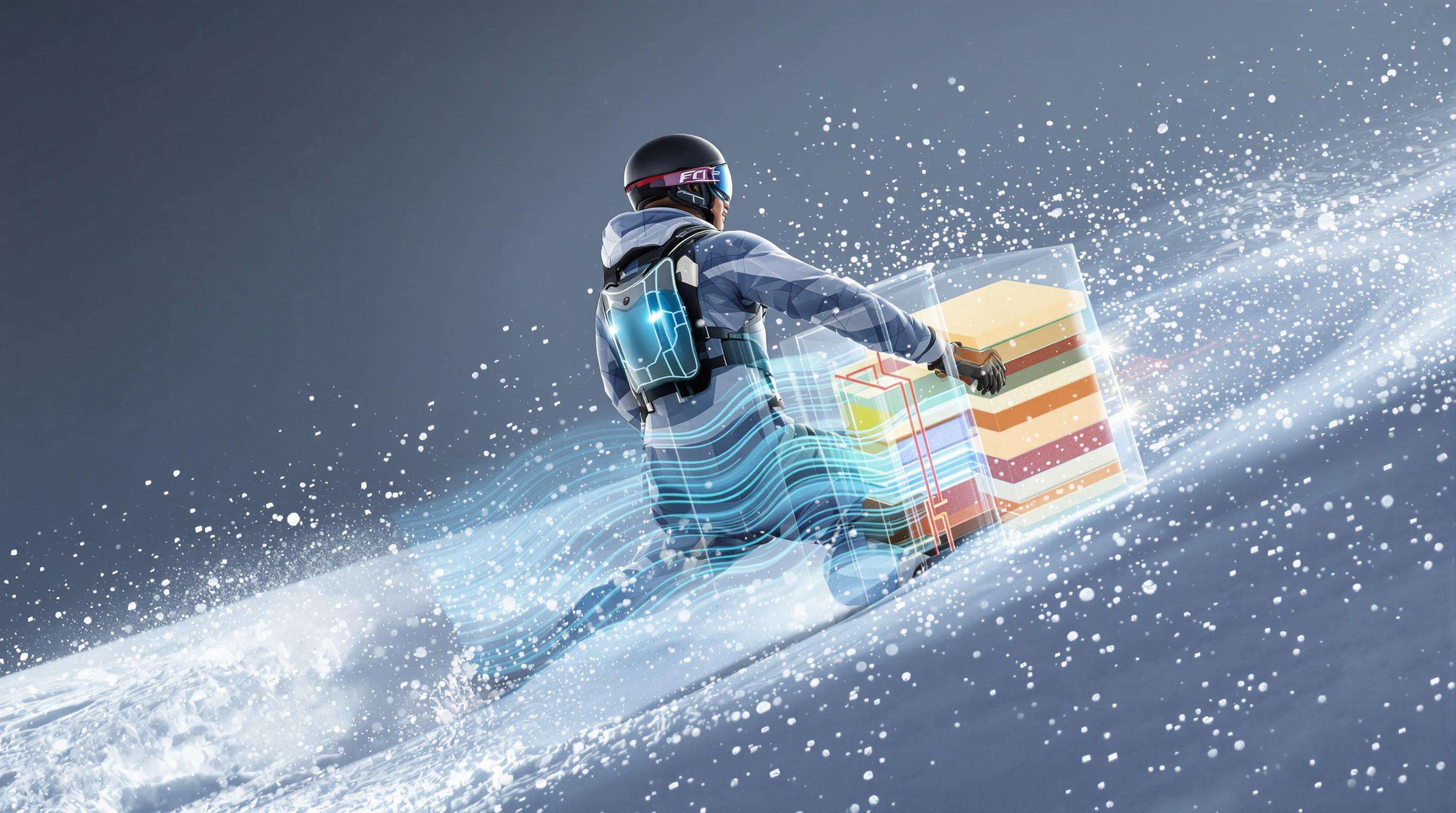 Realistic photo of a person wearing a back protector in a skiing fall, with protector layers absorbing impact shown in muted blue and gray tones